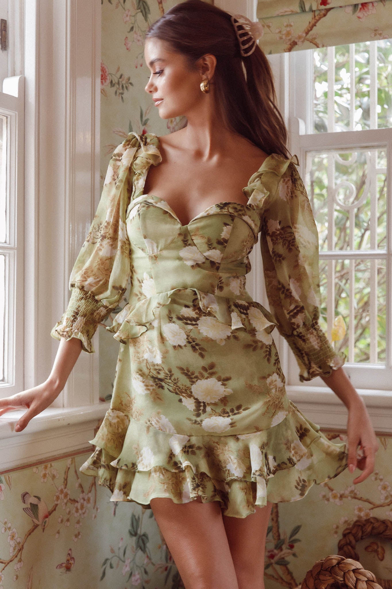 Desiree 3/4 Sleeve Sweetheart Neckline Frill Dress Floral Green-Maymioy