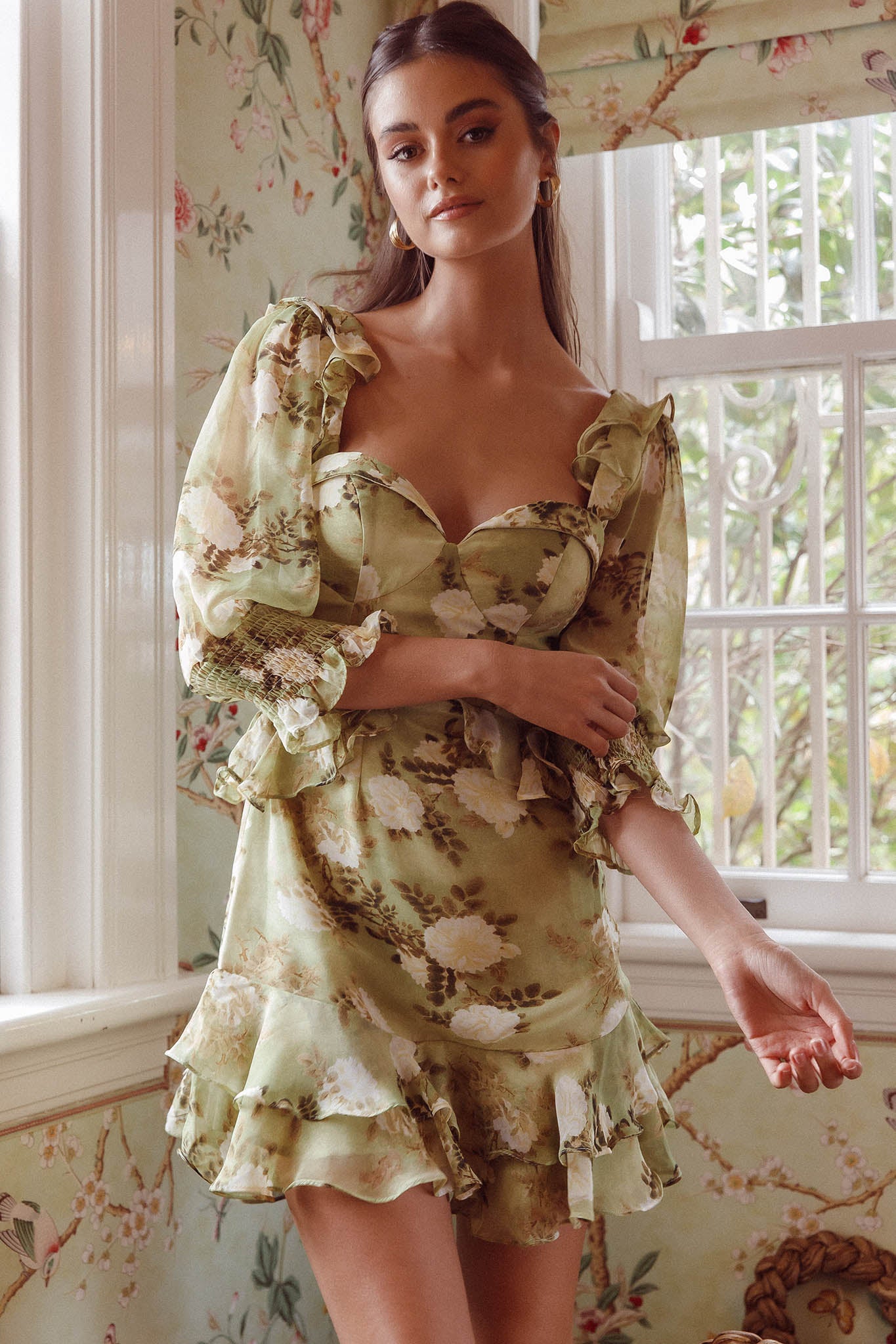 Desiree 3/4 Sleeve Sweetheart Neckline Frill Dress Floral Green-Maymioy