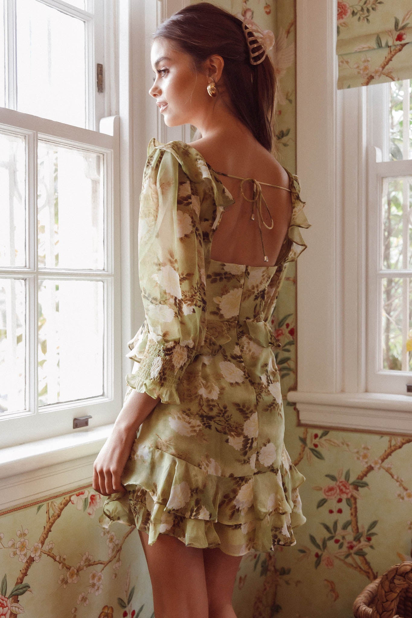 Desiree 3/4 Sleeve Sweetheart Neckline Frill Dress Floral Green-Maymioy