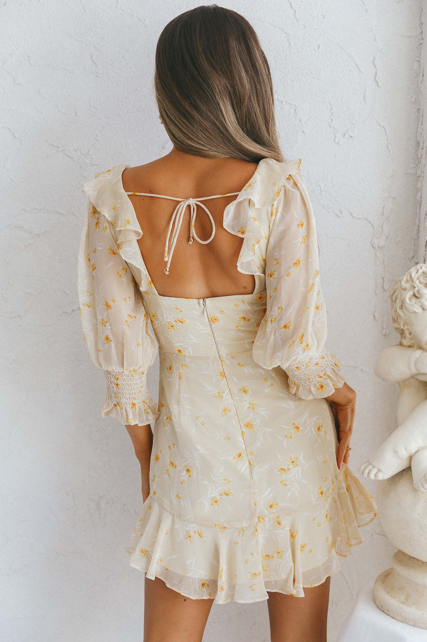 Desiree Sweetheart Neckline Shirred Cuff Frill Dress Floral Print Yellow-Maymioy