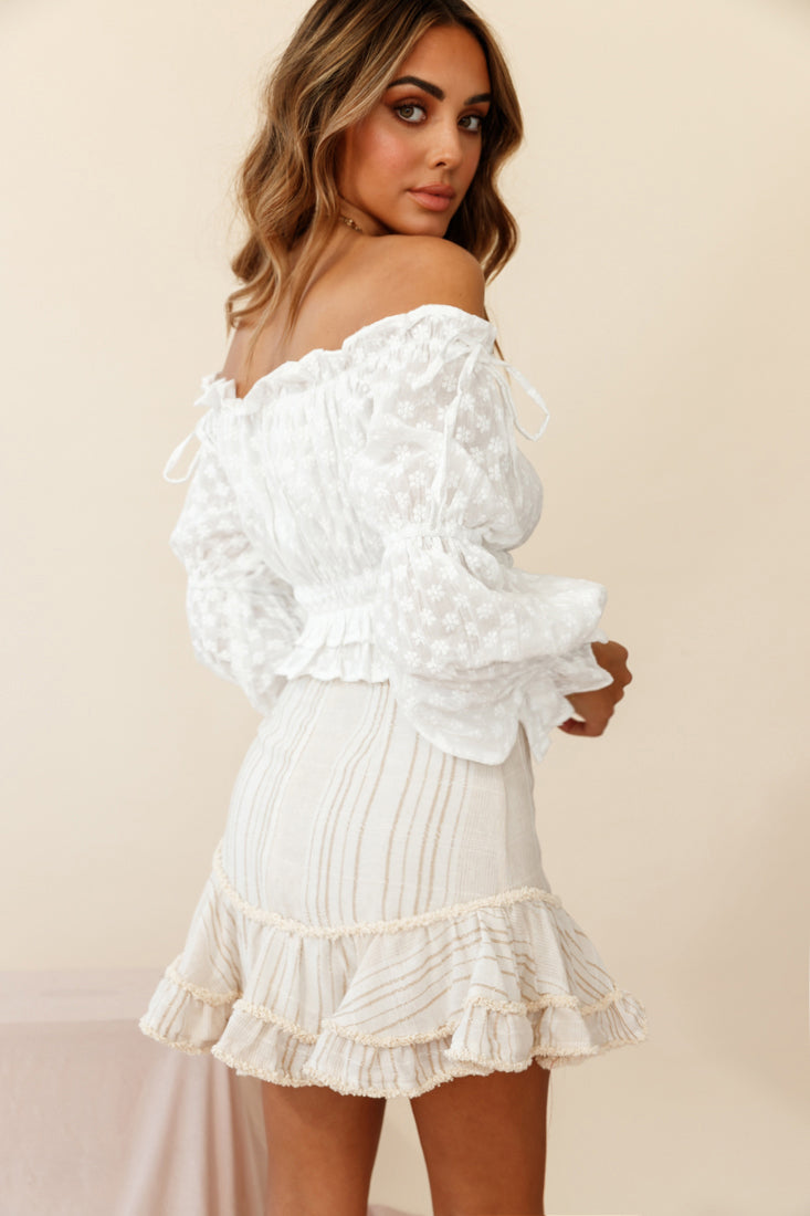 Eve Ruffle Hem Linen Blend Skirt White/Mocha Stripe-Maymioy