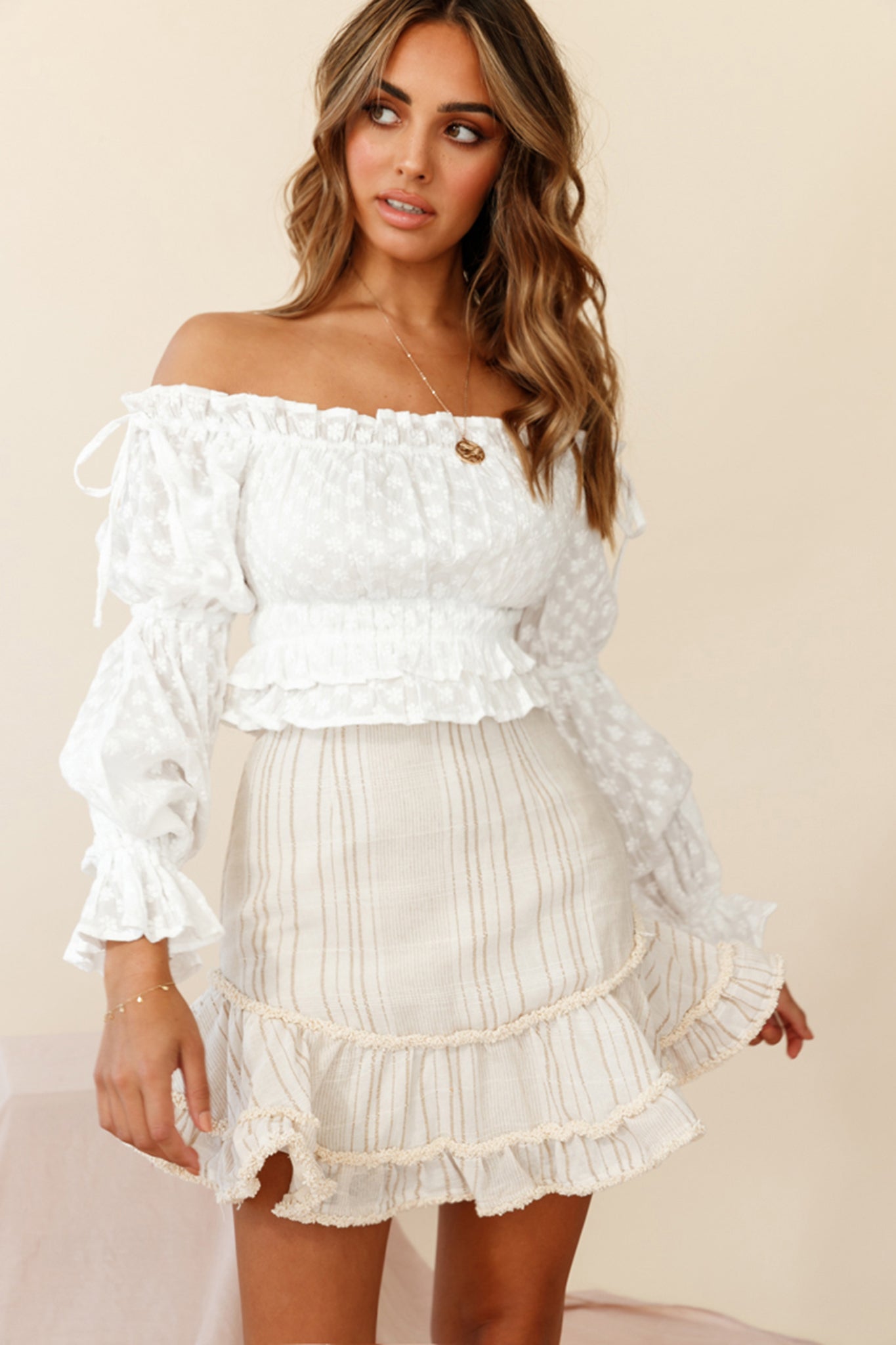 Eve Ruffle Hem Linen Blend Skirt White/Mocha Stripe-Maymioy