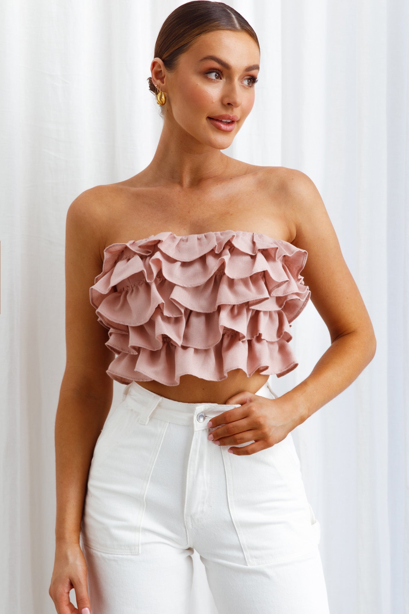 Talulah Layered Ruffle Lace-Up Back Crop Top Blush-Maymioy