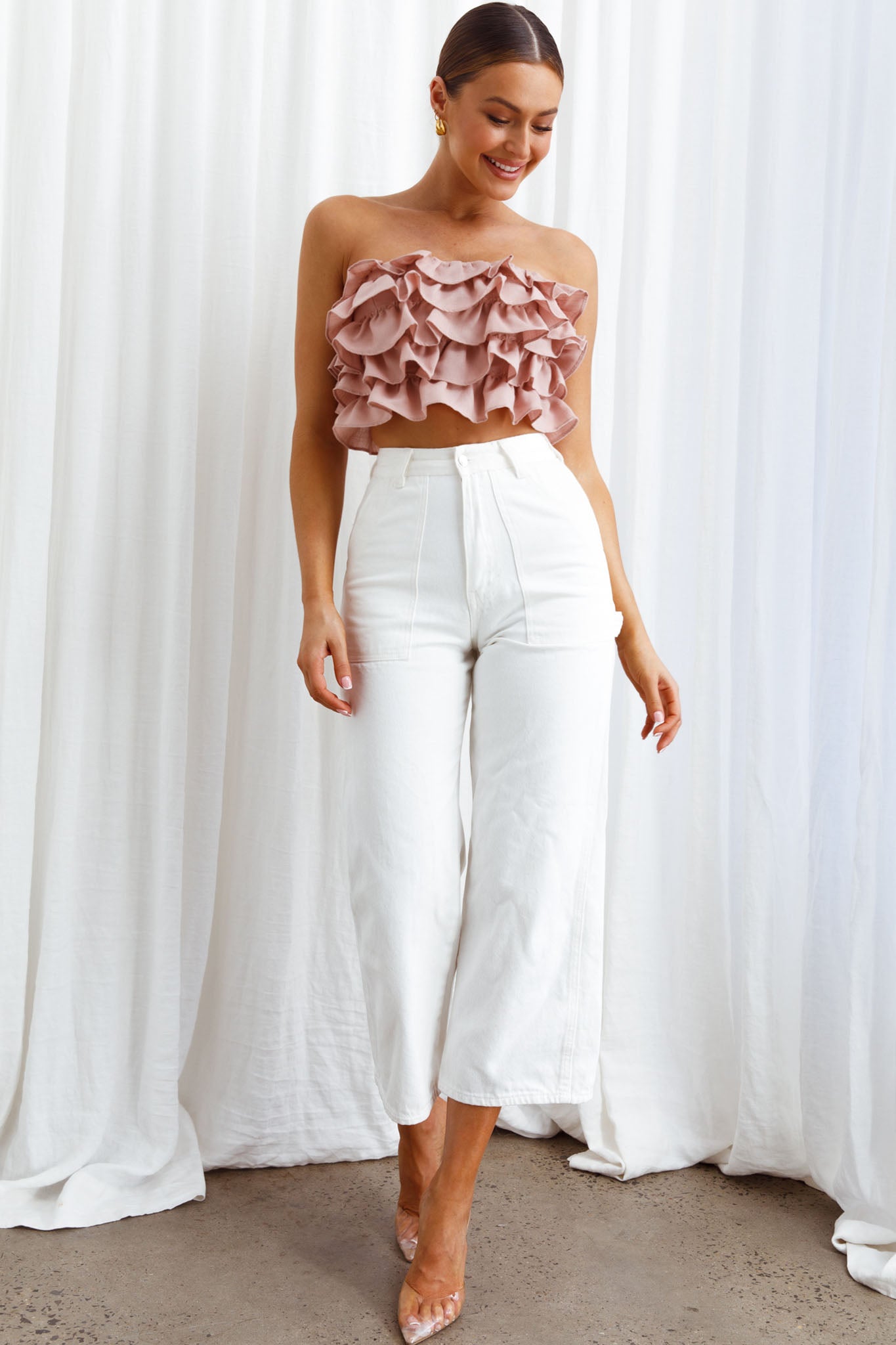 Talulah Layered Ruffle Lace-Up Back Crop Top Blush-Maymioy