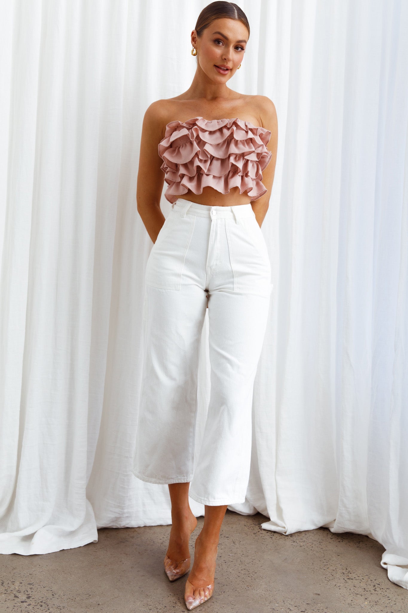 Talulah Layered Ruffle Lace-Up Back Crop Top Blush-Maymioy