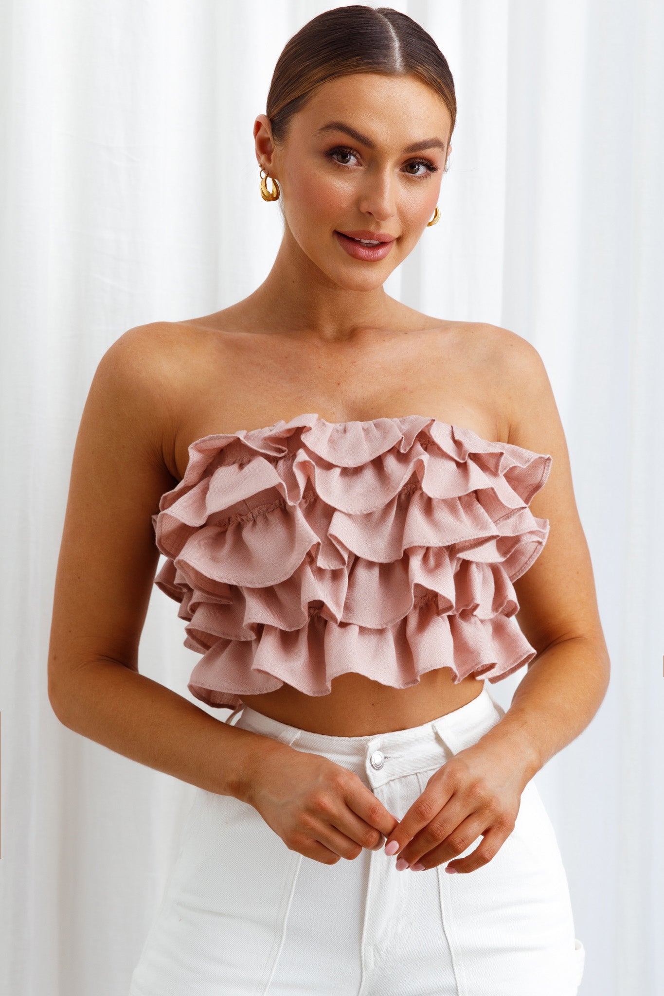 Talulah Layered Ruffle Lace-Up Back Crop Top Blush-Maymioy