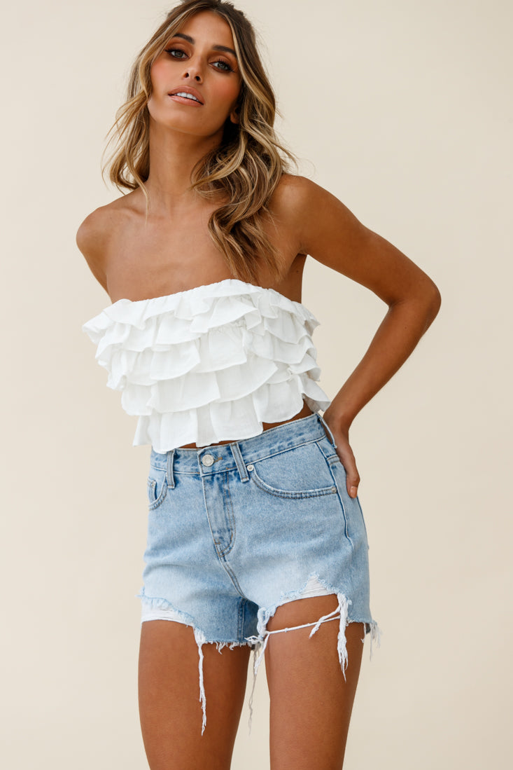 Talulah Layered Ruffle Lace-Up Back Crop Top White-Maymioy
