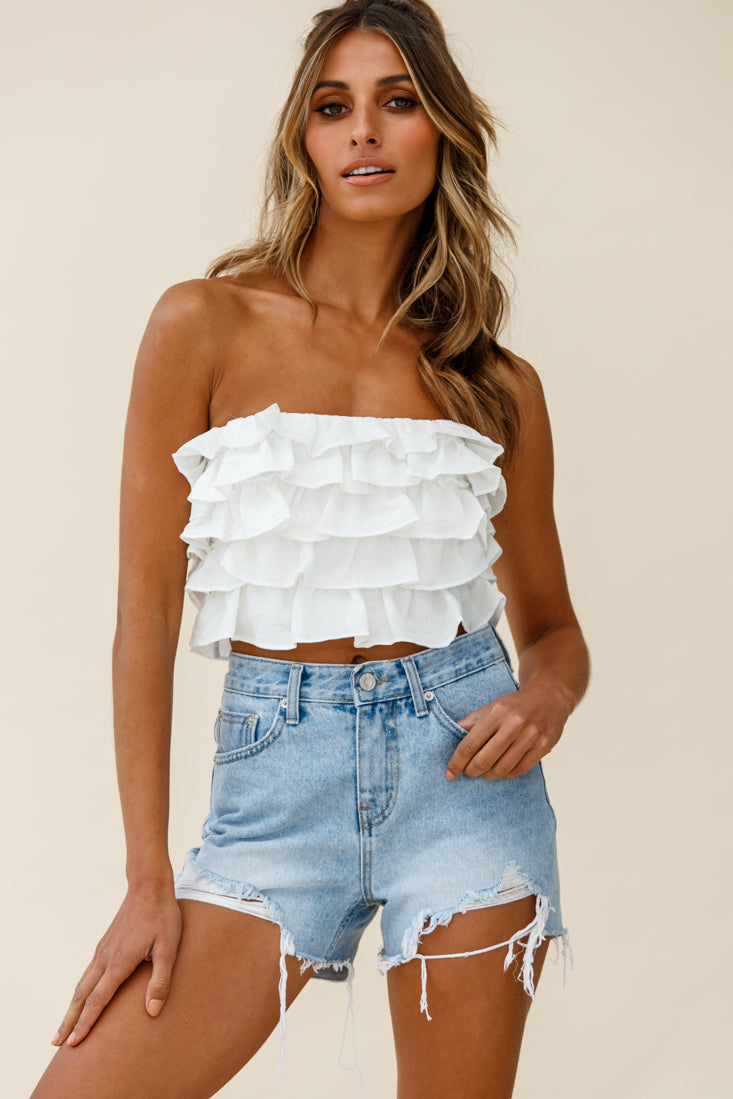 Talulah Layered Ruffle Lace-Up Back Crop Top White-Maymioy