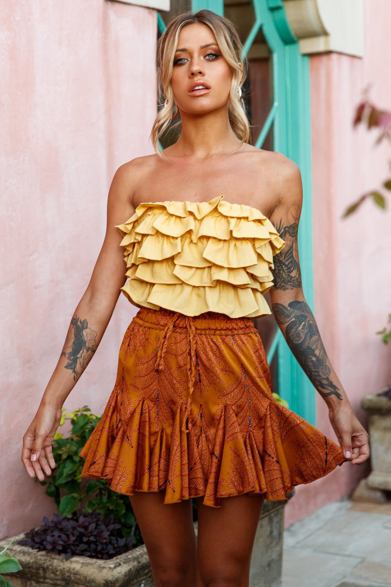 Talulah Layered Ruffle Lace-Up Back Crop Top Yellow-Maymioy