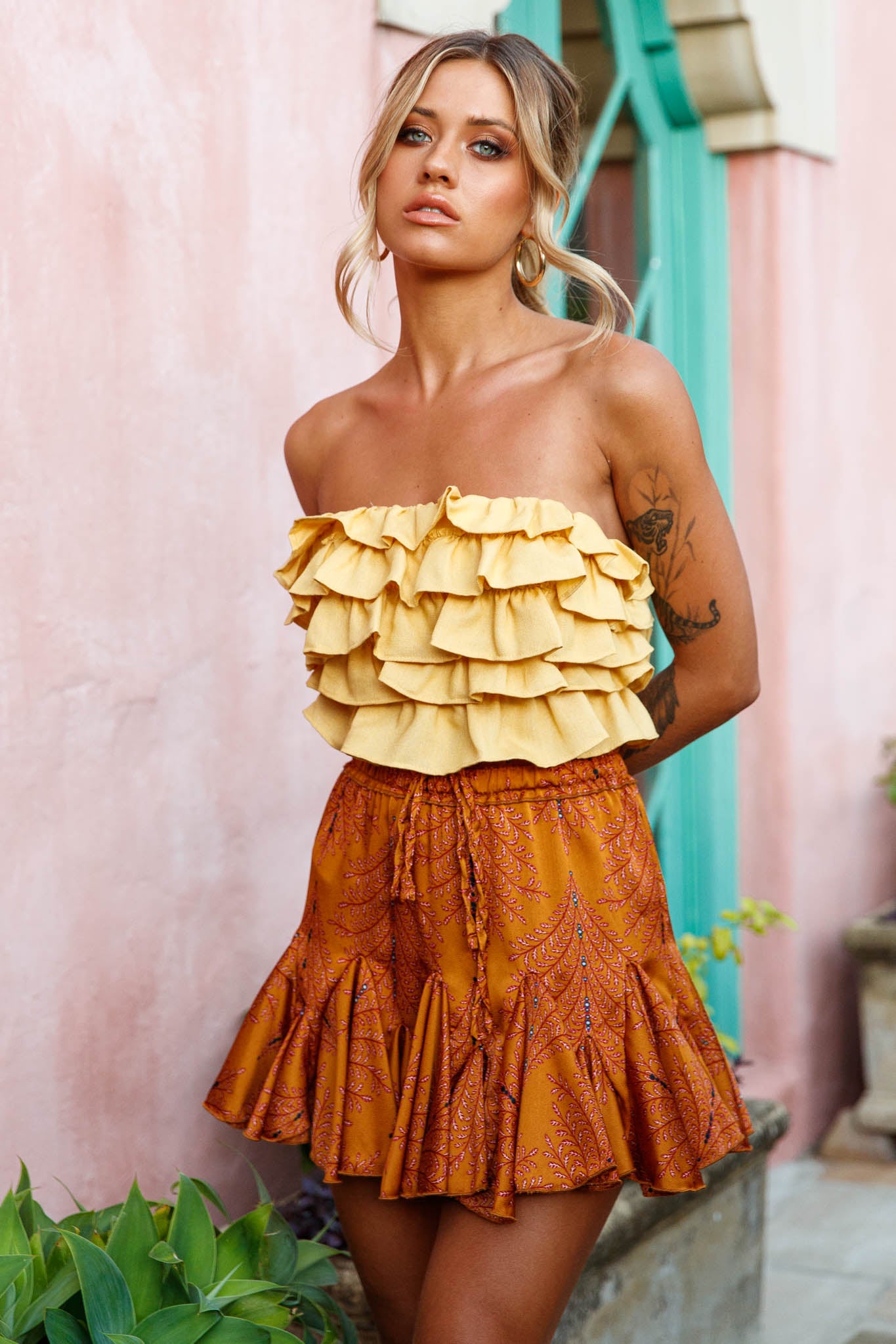 Talulah Layered Ruffle Lace-Up Back Crop Top Yellow-Maymioy
