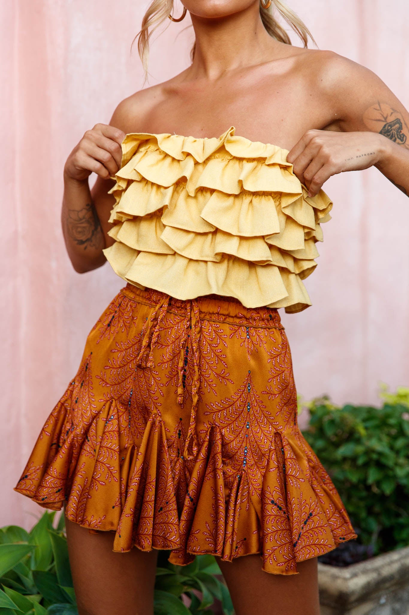 Talulah Layered Ruffle Lace-Up Back Crop Top Yellow-Maymioy