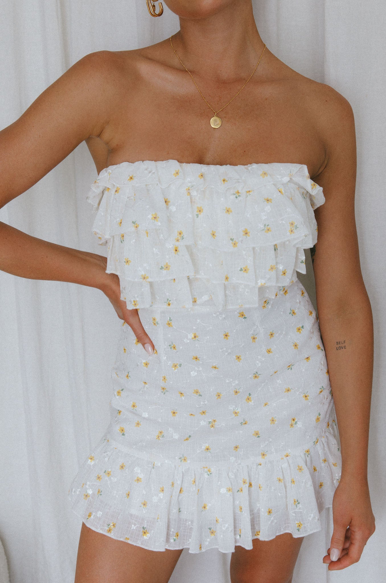 Talulah Ruffle Bust Mini Dress Floral Yellow-Maymioy