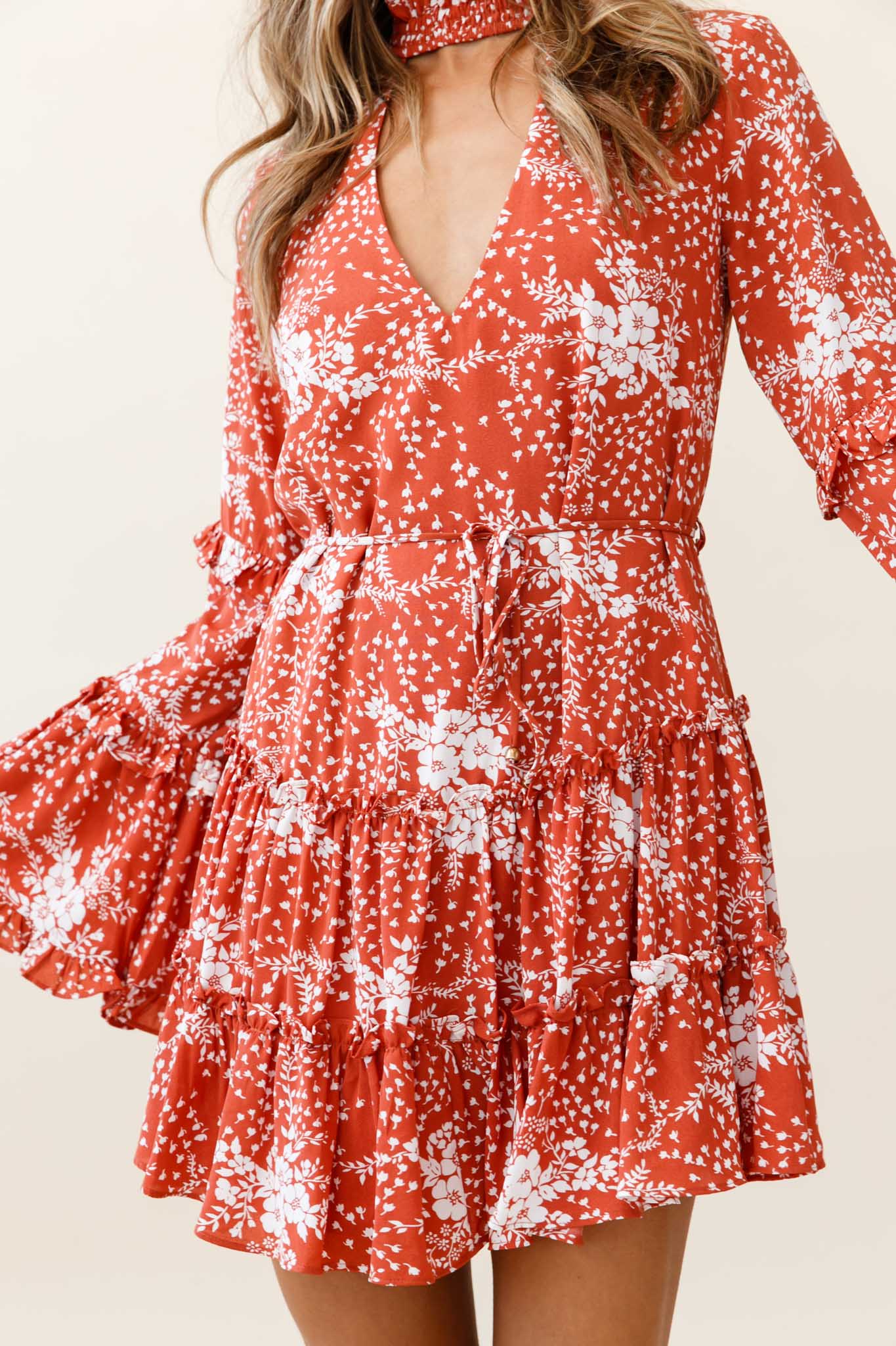 Tamina Long Sleeve Frill Trim Dress Floral Print Rust-Maymioy