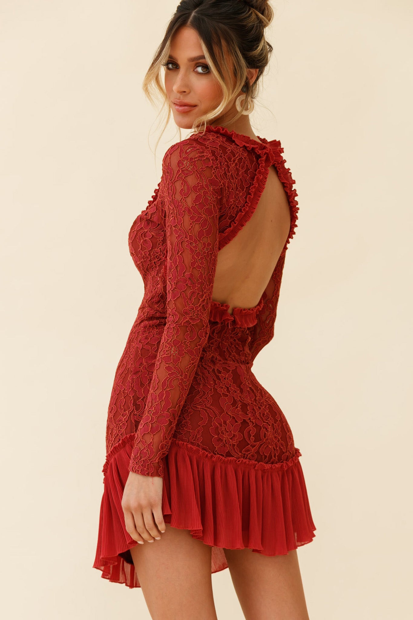 Isabella Long Sleeve Open Back Lace Dress Antique Rose-Maymioy