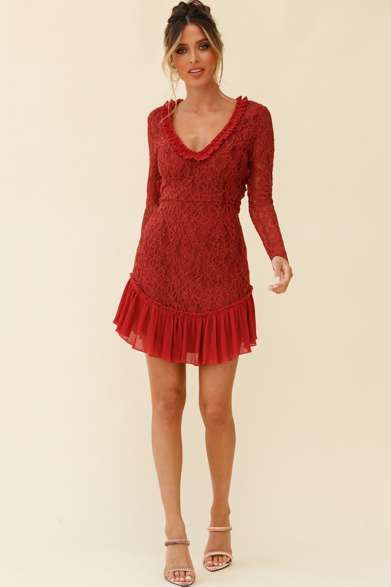 Isabella Long Sleeve Open Back Lace Dress Antique Rose-Maymioy