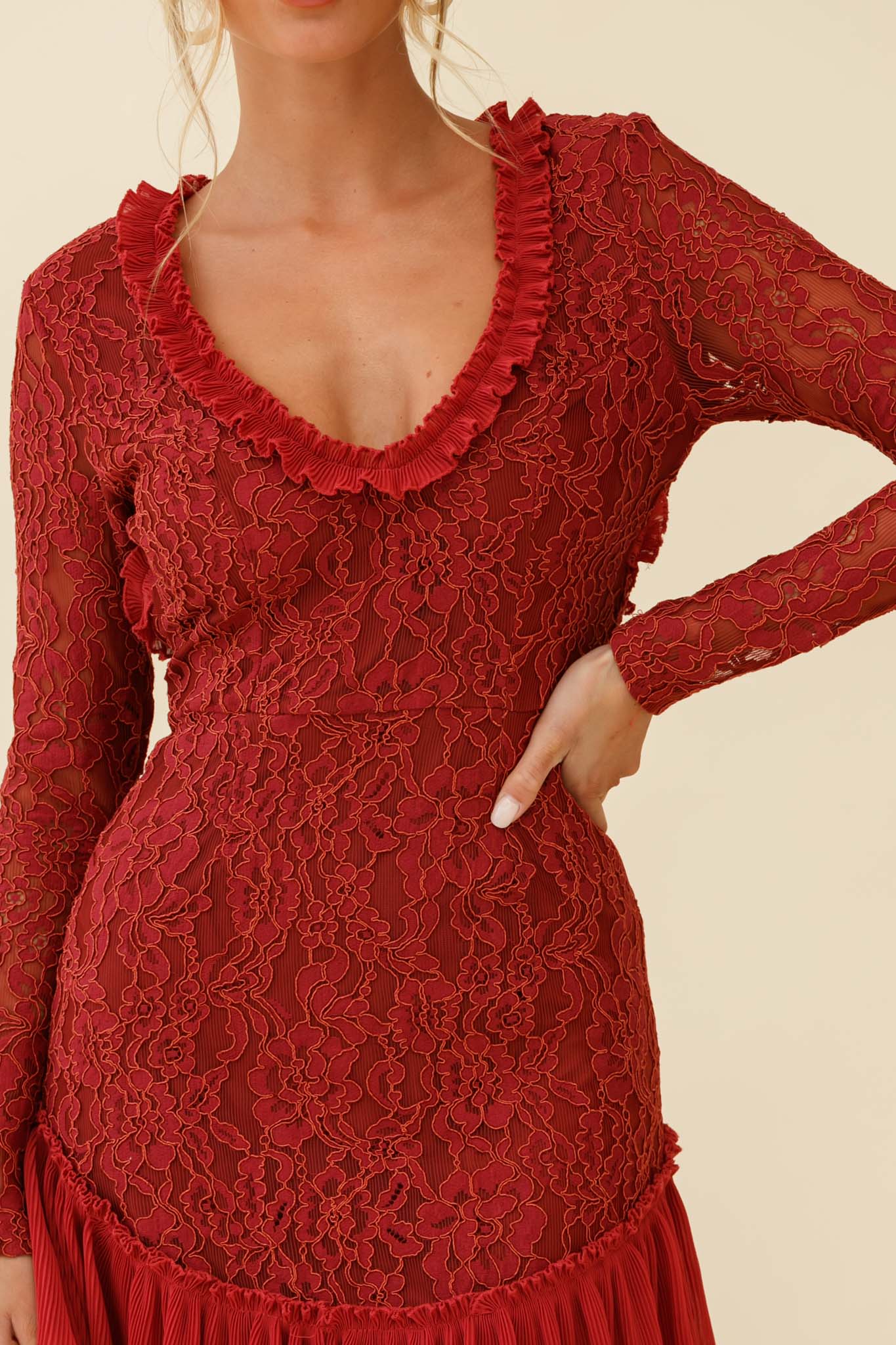 Isabella Long Sleeve Open Back Lace Dress Antique Rose-Maymioy