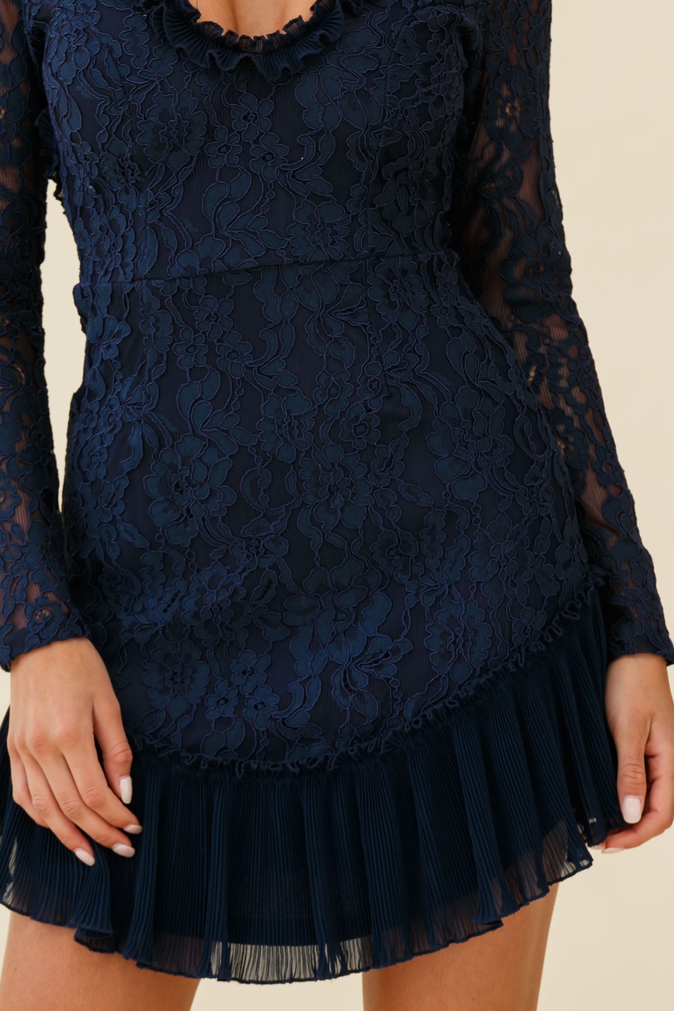 Isabella Long Sleeve Open Back Lace Dress Navy-Maymioy