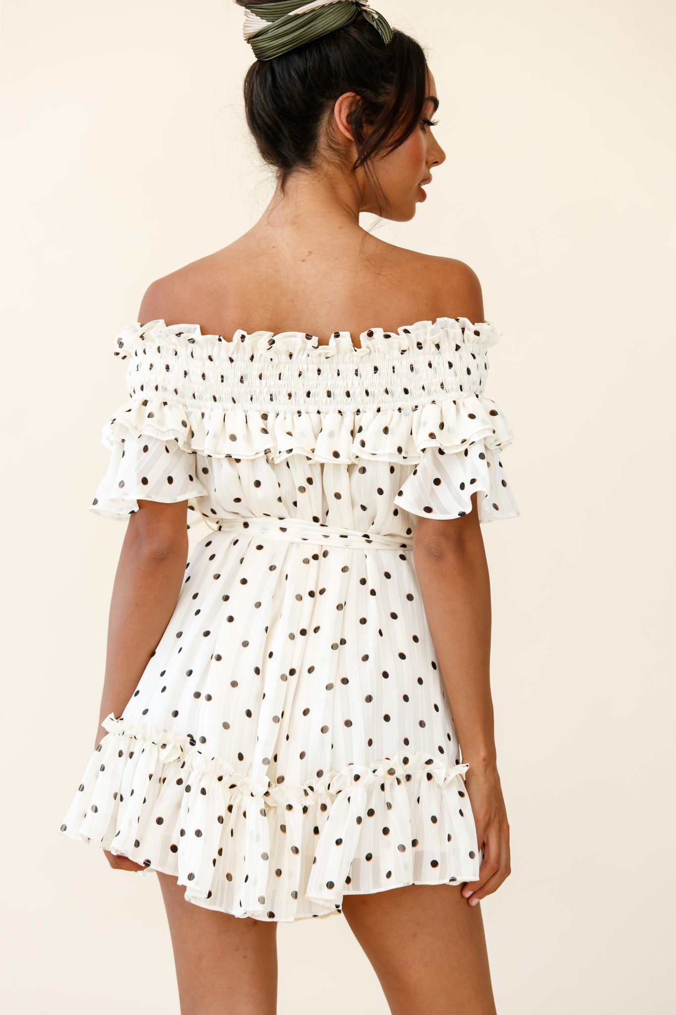 Rita Shirred Off-Shoulder Dress Polka Dot Print White-Maymioy