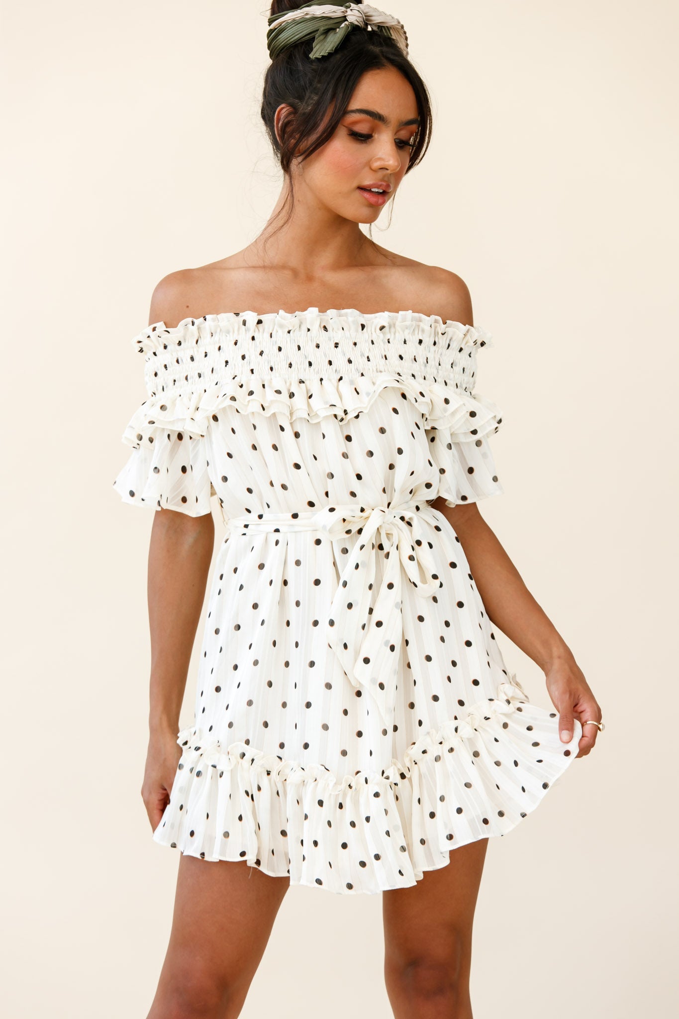 Rita Shirred Off-Shoulder Dress Polka Dot Print White-Maymioy