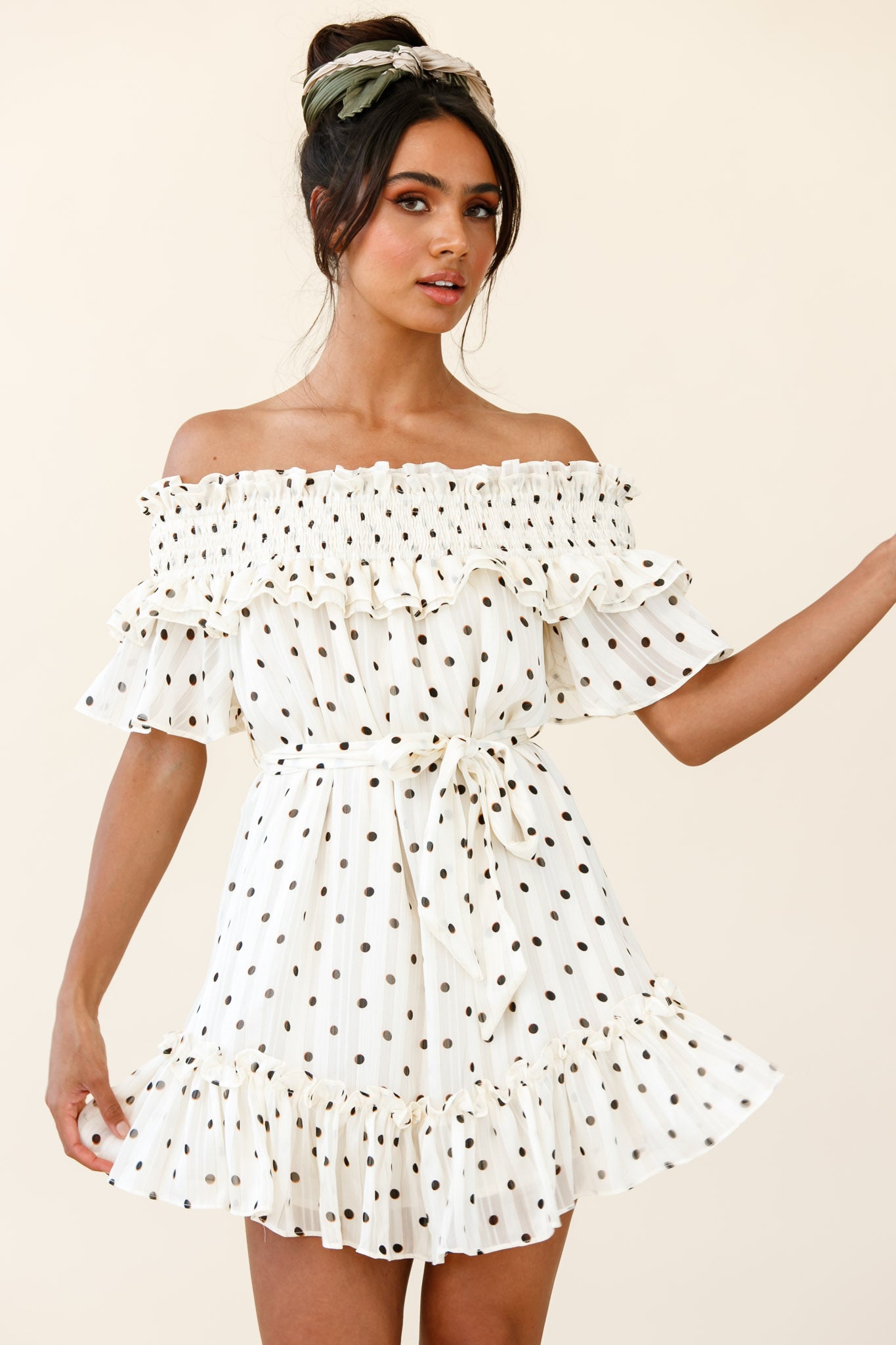 Rita Shirred Off-Shoulder Dress Polka Dot Print White-Maymioy