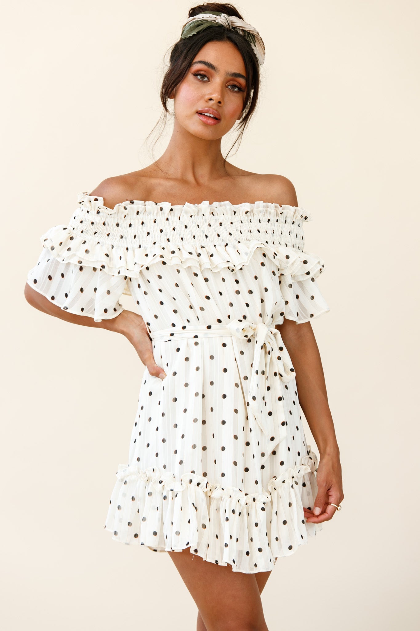 Rita Shirred Off-Shoulder Dress Polka Dot Print White-Maymioy