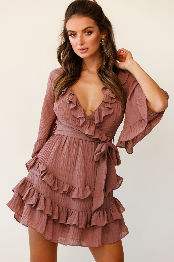 Time Will Tell Angel Sleeve Frill Detail Dress Antique Rose-Maymioy