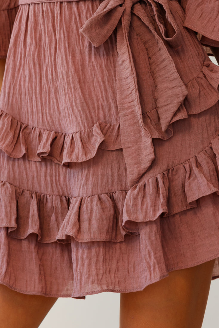 Time Will Tell Angel Sleeve Frill Detail Dress Antique Rose-Maymioy