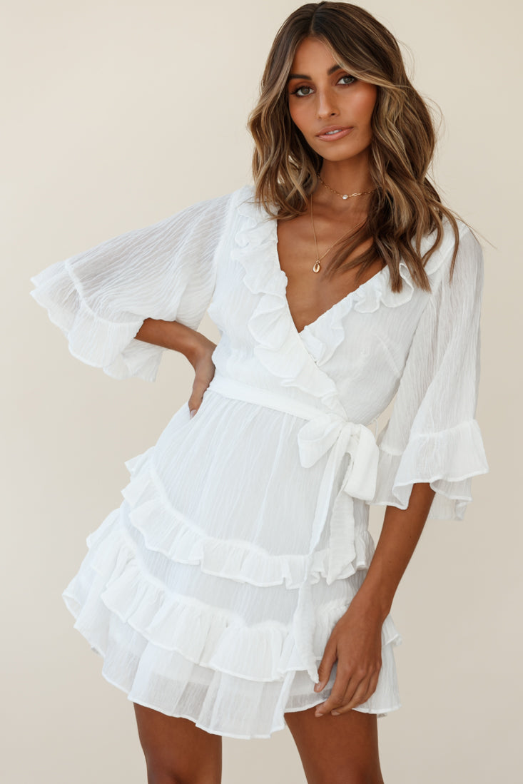 Time Will Tell Angel Sleeve Frill Detail Dress White-Maymioy