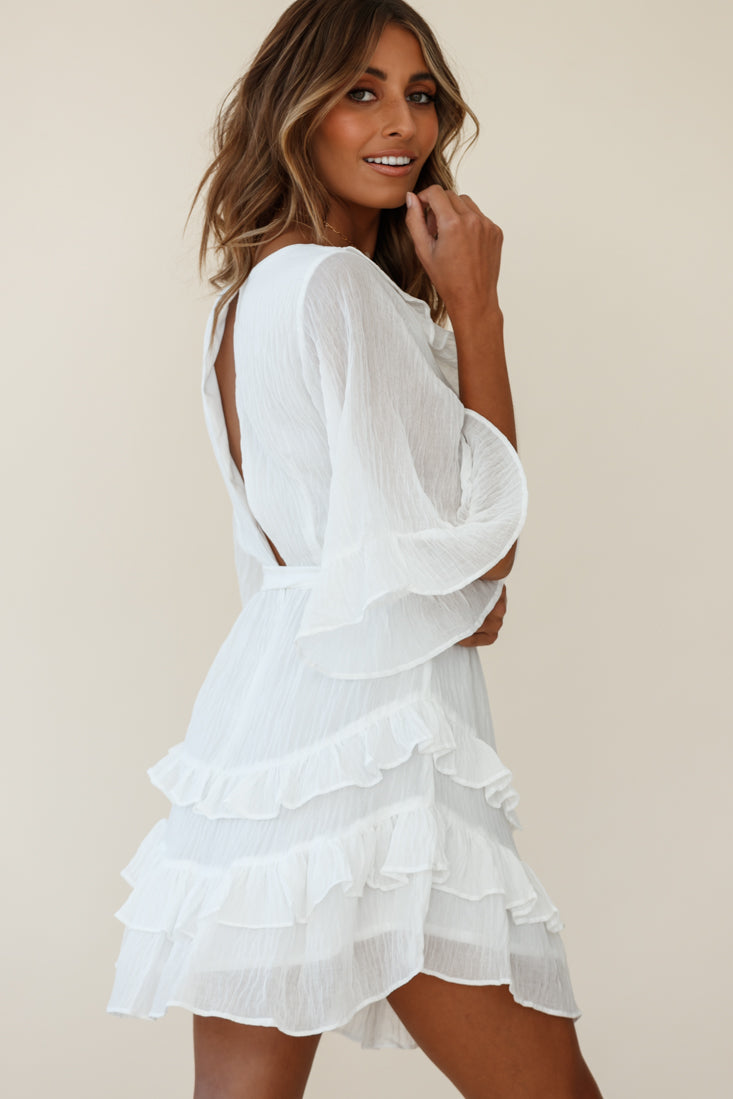 Time Will Tell Angel Sleeve Frill Detail Dress White-Maymioy