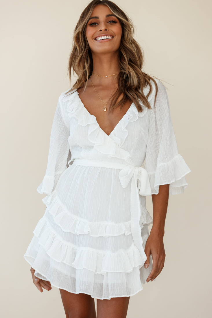 Time Will Tell Angel Sleeve Frill Detail Dress White-Maymioy