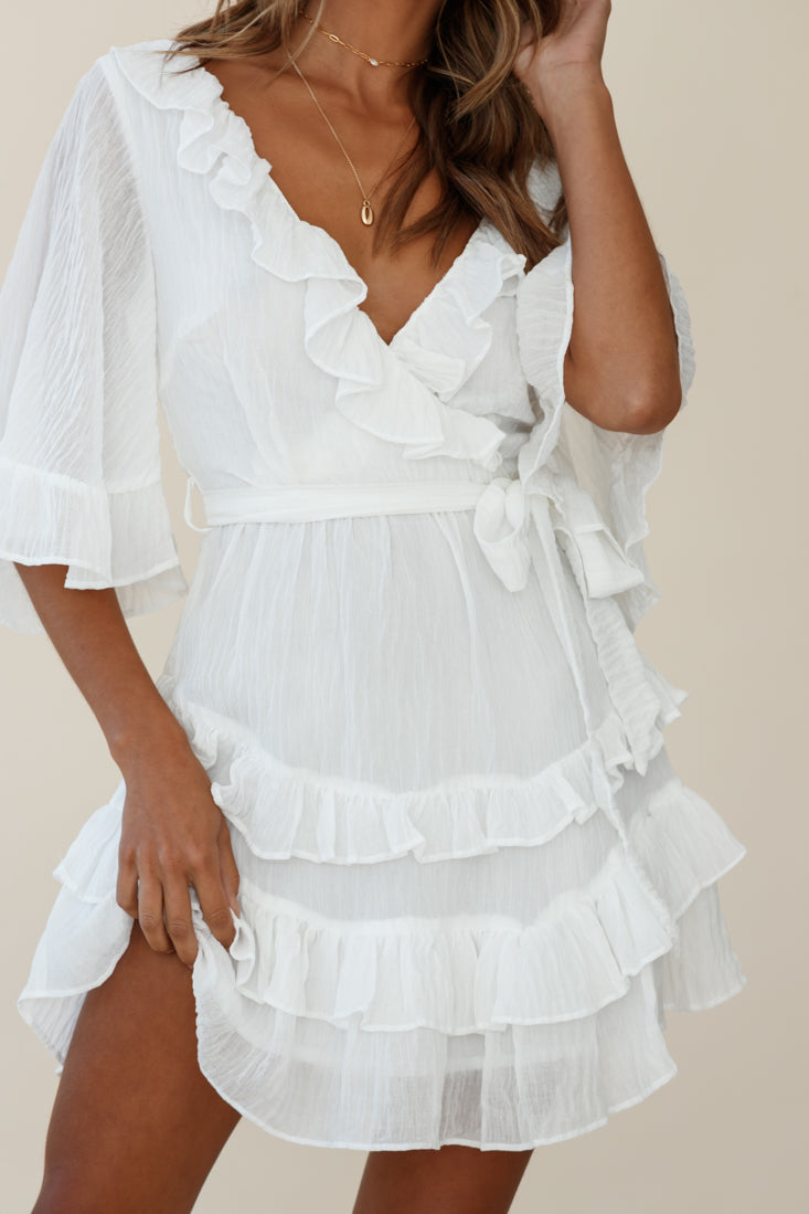 Time Will Tell Angel Sleeve Frill Detail Dress White-Maymioy