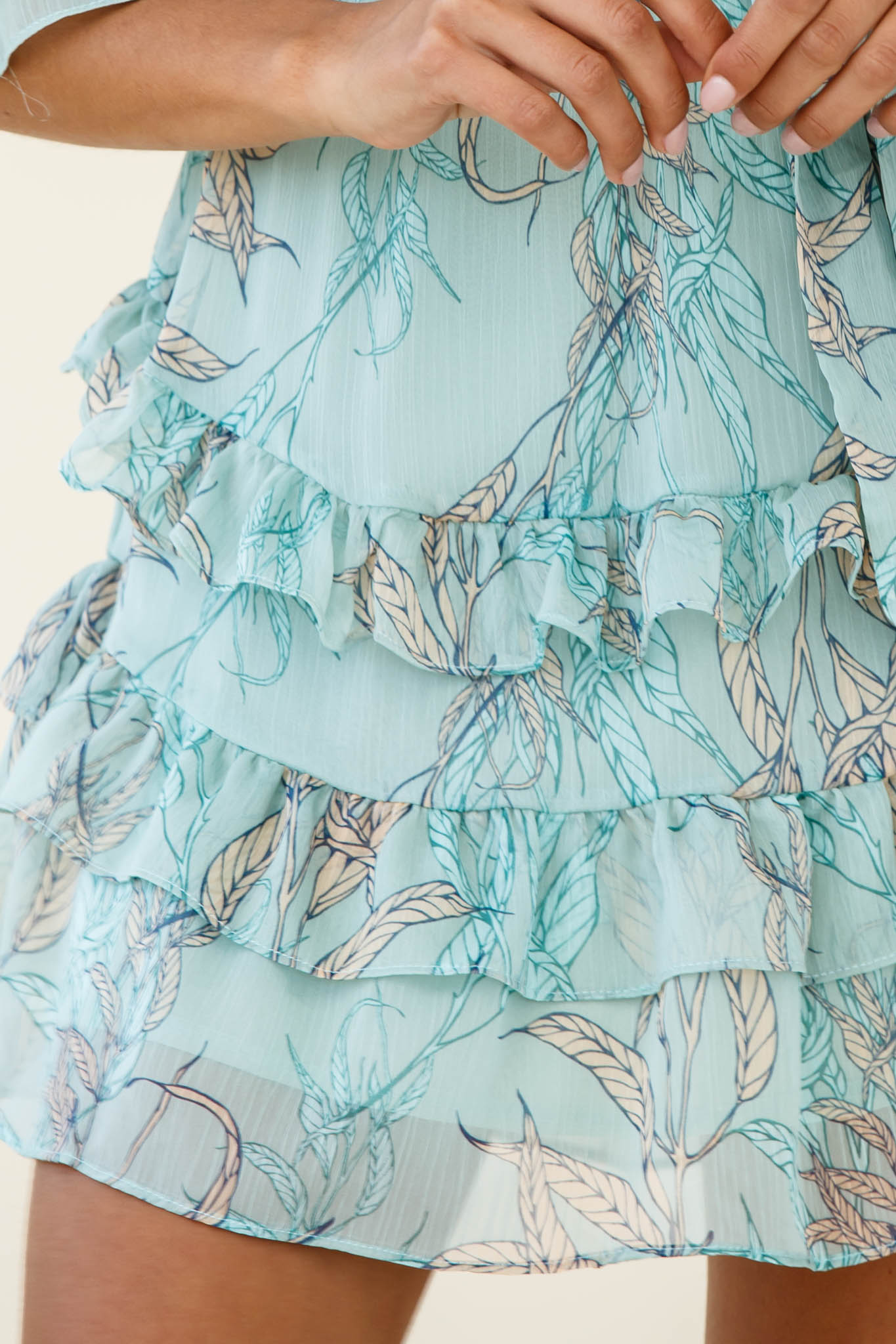 Time Will Tell Angel Sleeve Frill Detail Dress Leaf Print Mint-Maymioy