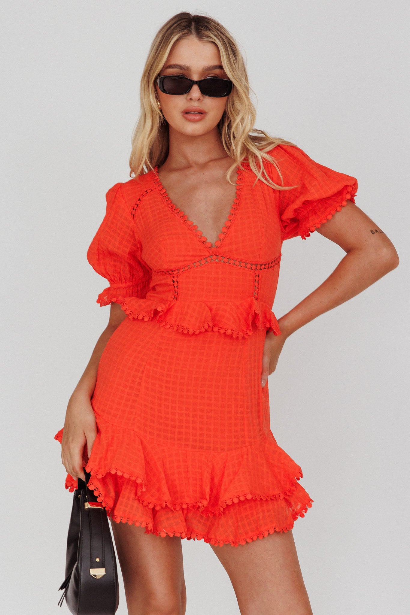 Preston Puff Sleeve Crochet Trim Dress Coral-Maymioy