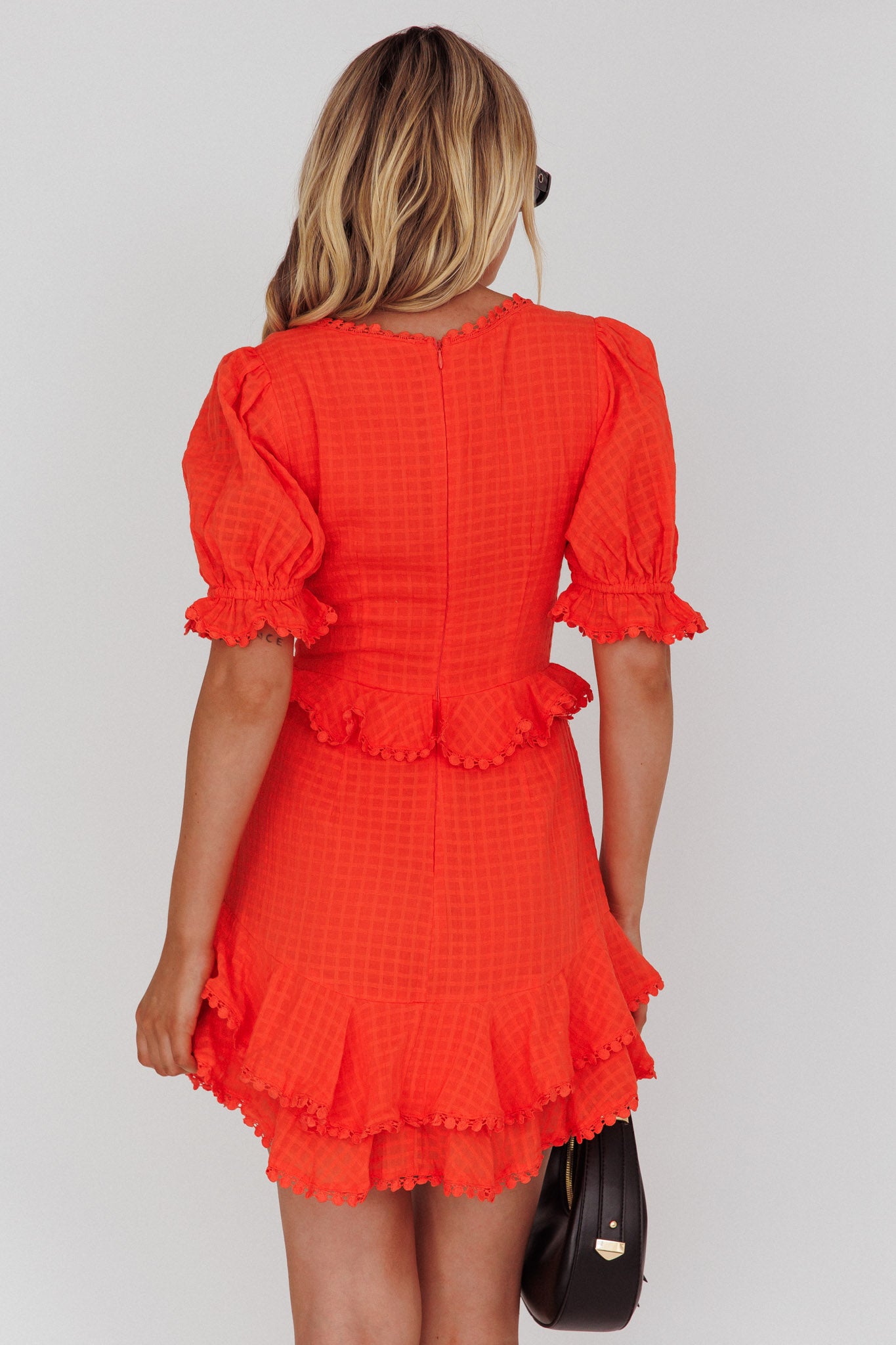 Preston Puff Sleeve Crochet Trim Dress Coral-Maymioy