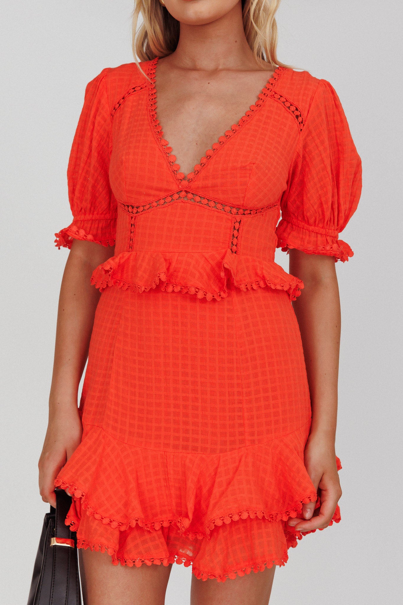 Preston Puff Sleeve Crochet Trim Dress Coral-Maymioy