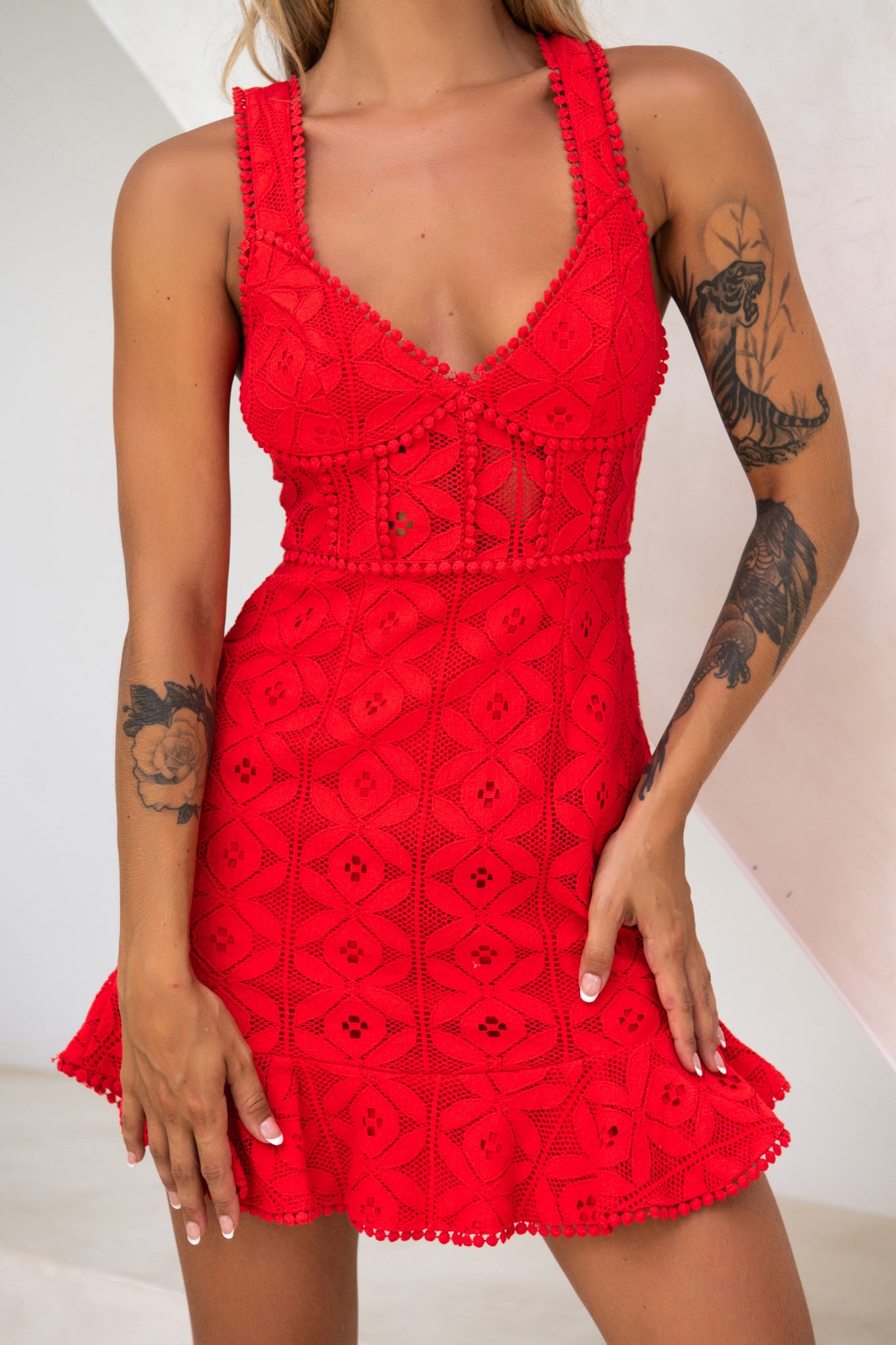 Talk About Me Thick Strap Circle Trim Lace Dress Red-Maymioy