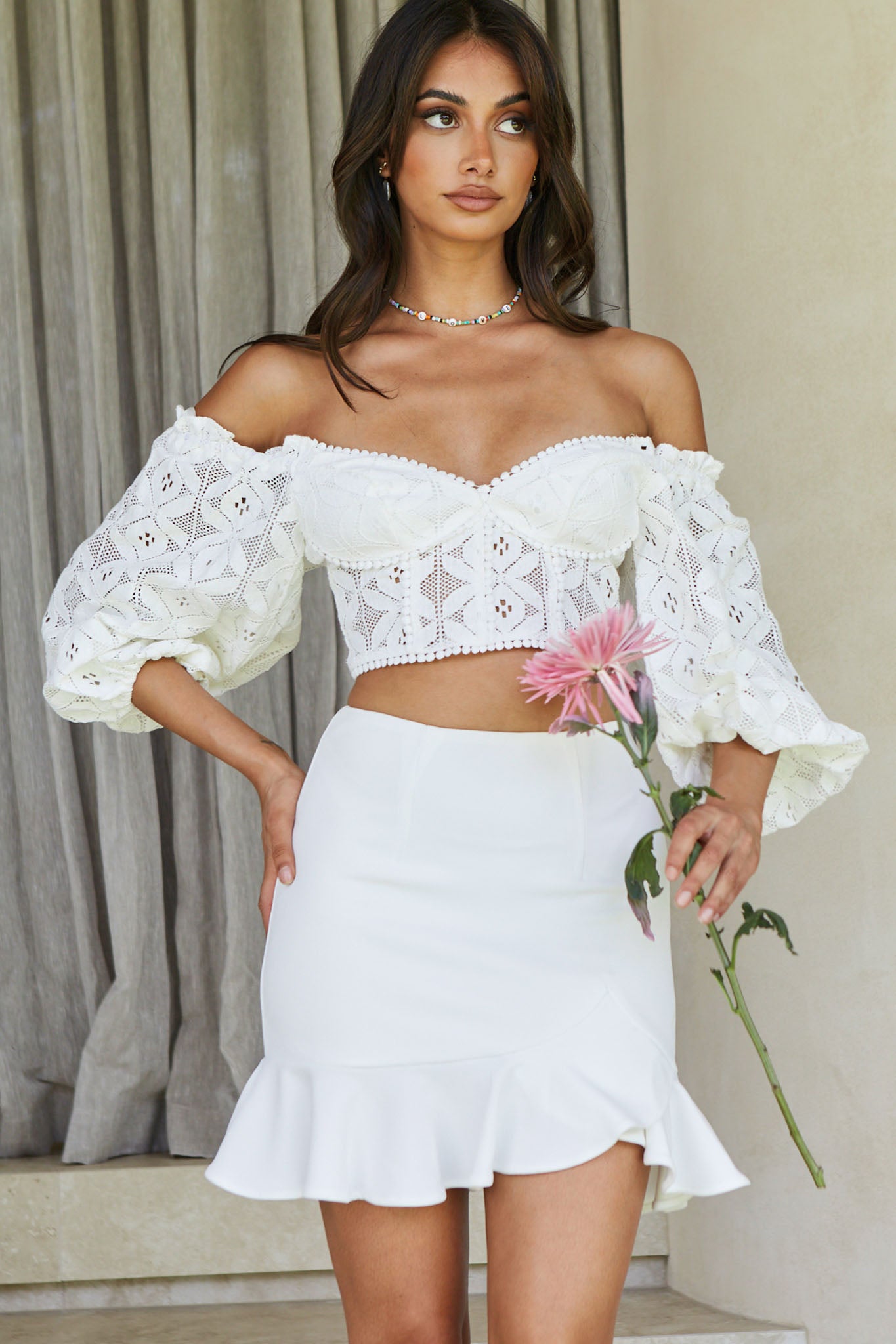 Talk About Me Puff Half Sleeve Circle Trim Crop Top White-Maymioy