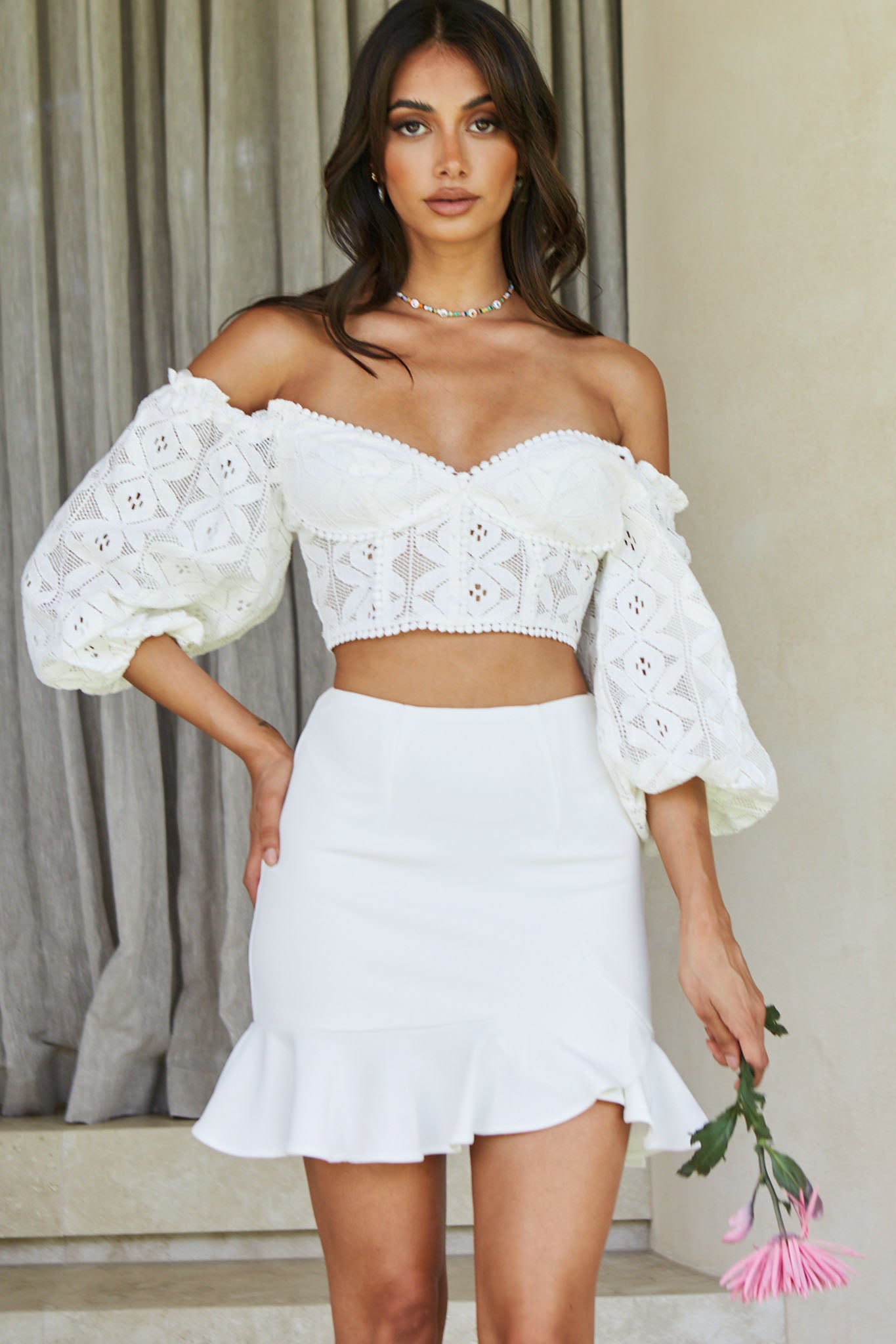Talk About Me Puff Half Sleeve Circle Trim Crop Top White-Maymioy