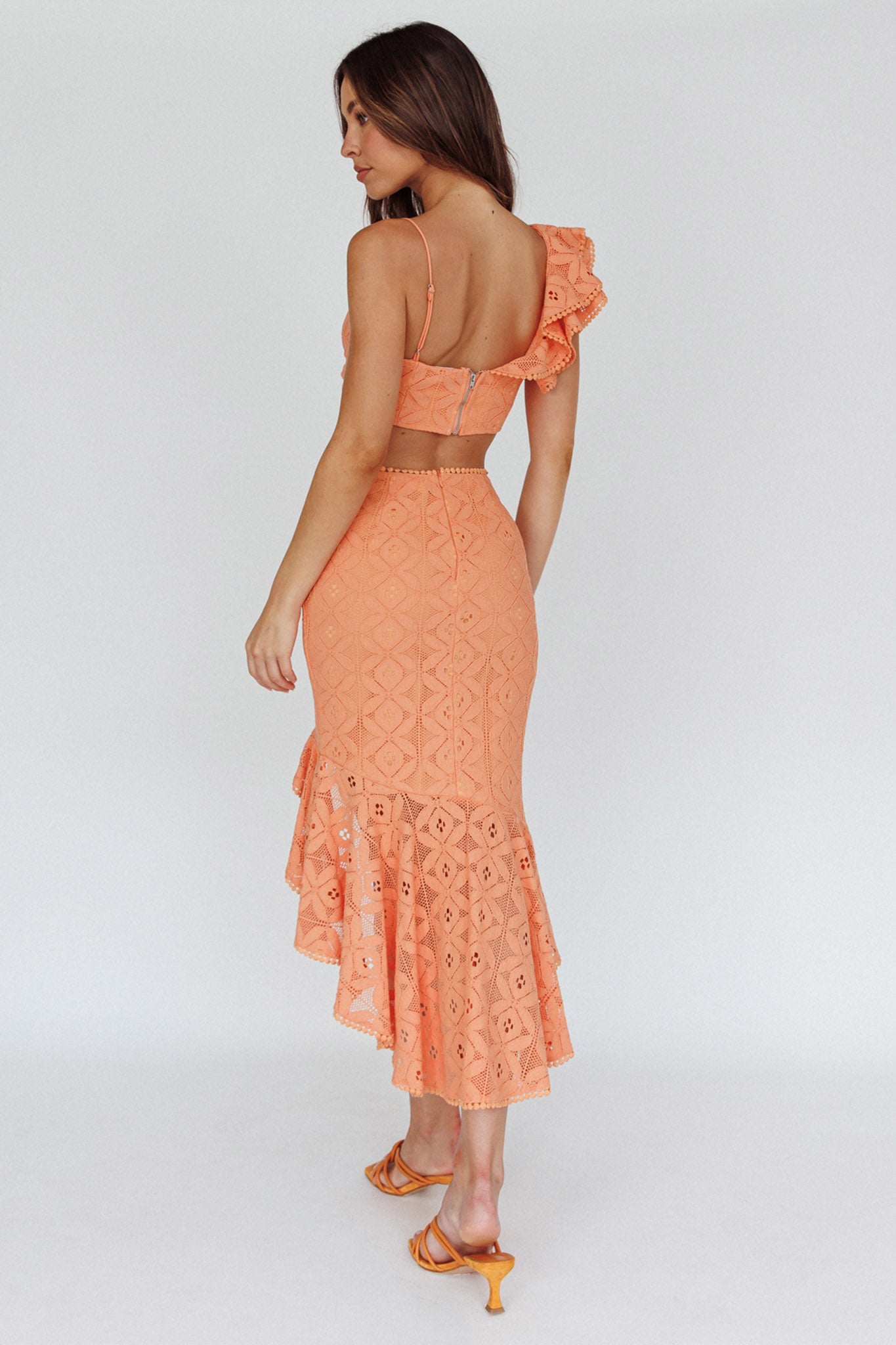 Talk About Me Asymmetrical Ruffle Hem Midi Skirt Apricot-Maymioy