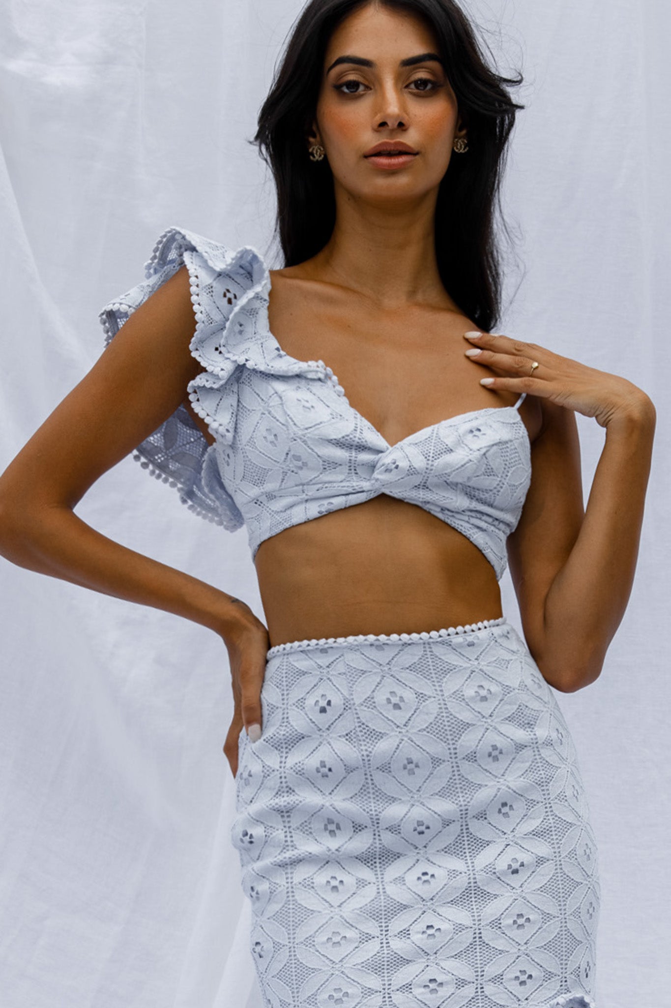 Talk About Me Ruffle Shoulder Twist Bust Crop Top Steel Blue-Maymioy