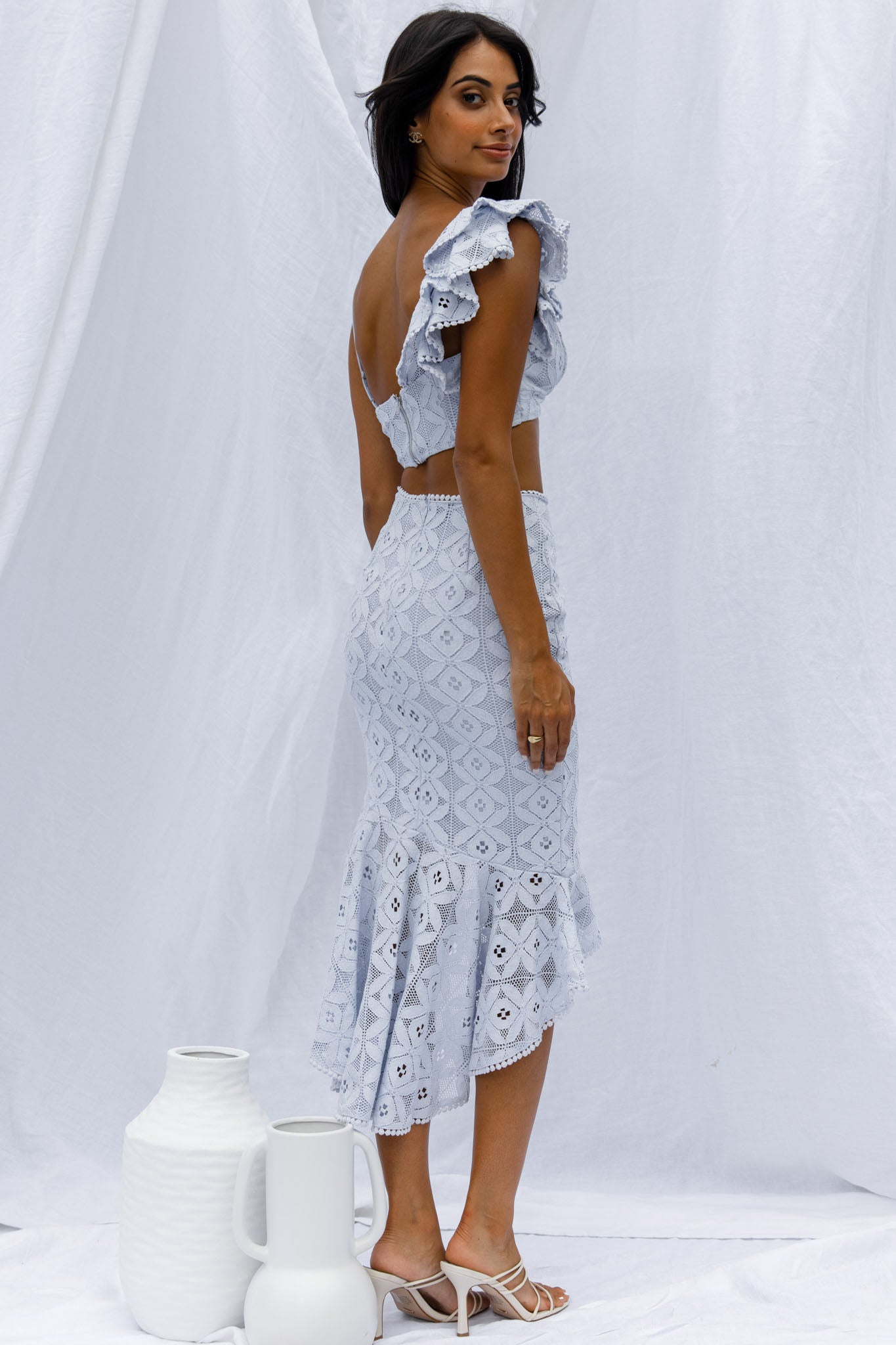 Talk About Me Ruffle Shoulder Twist Bust Crop Top Steel Blue-Maymioy