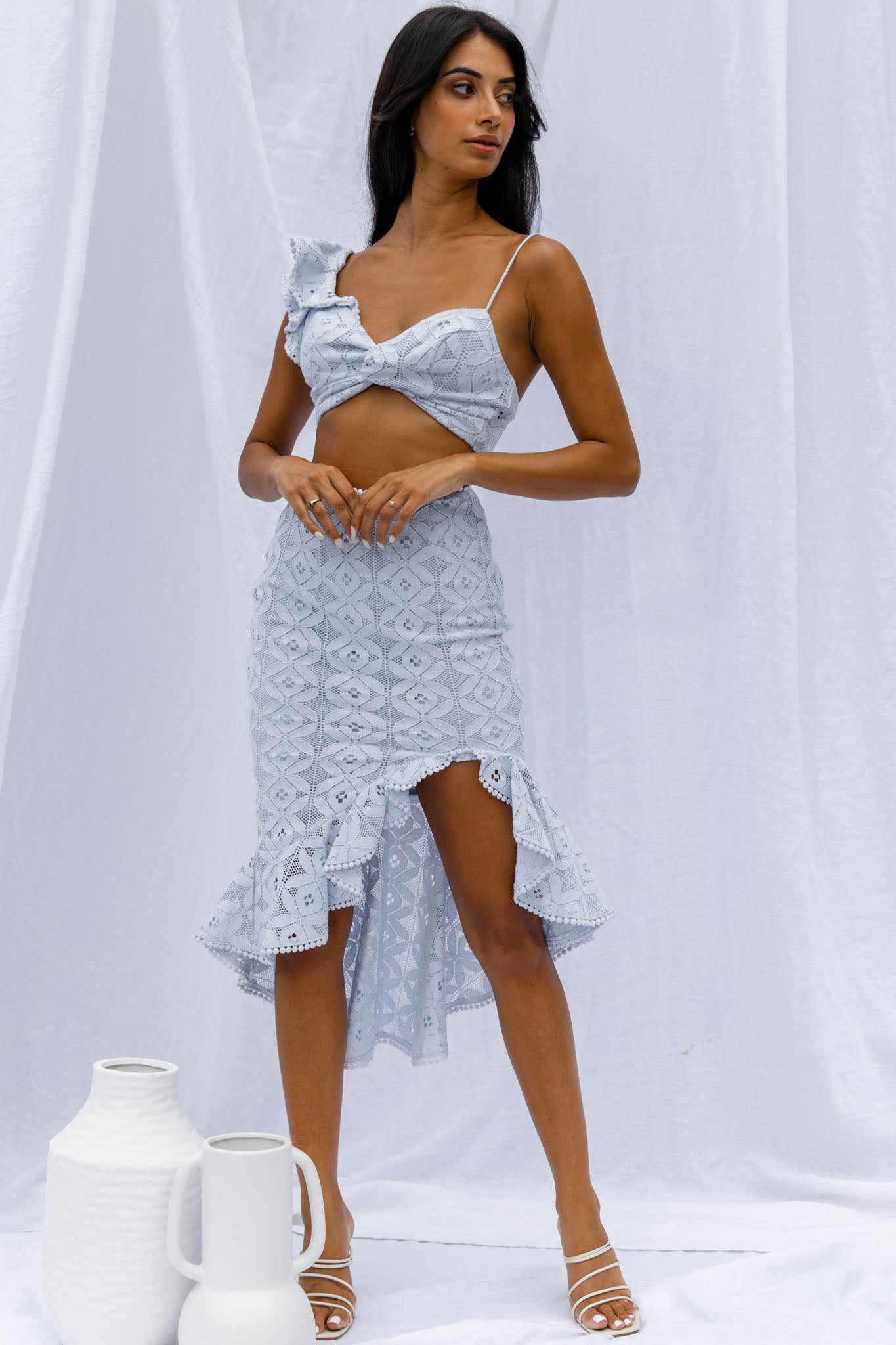 Talk About Me Ruffle Shoulder Twist Bust Crop Top Steel Blue-Maymioy