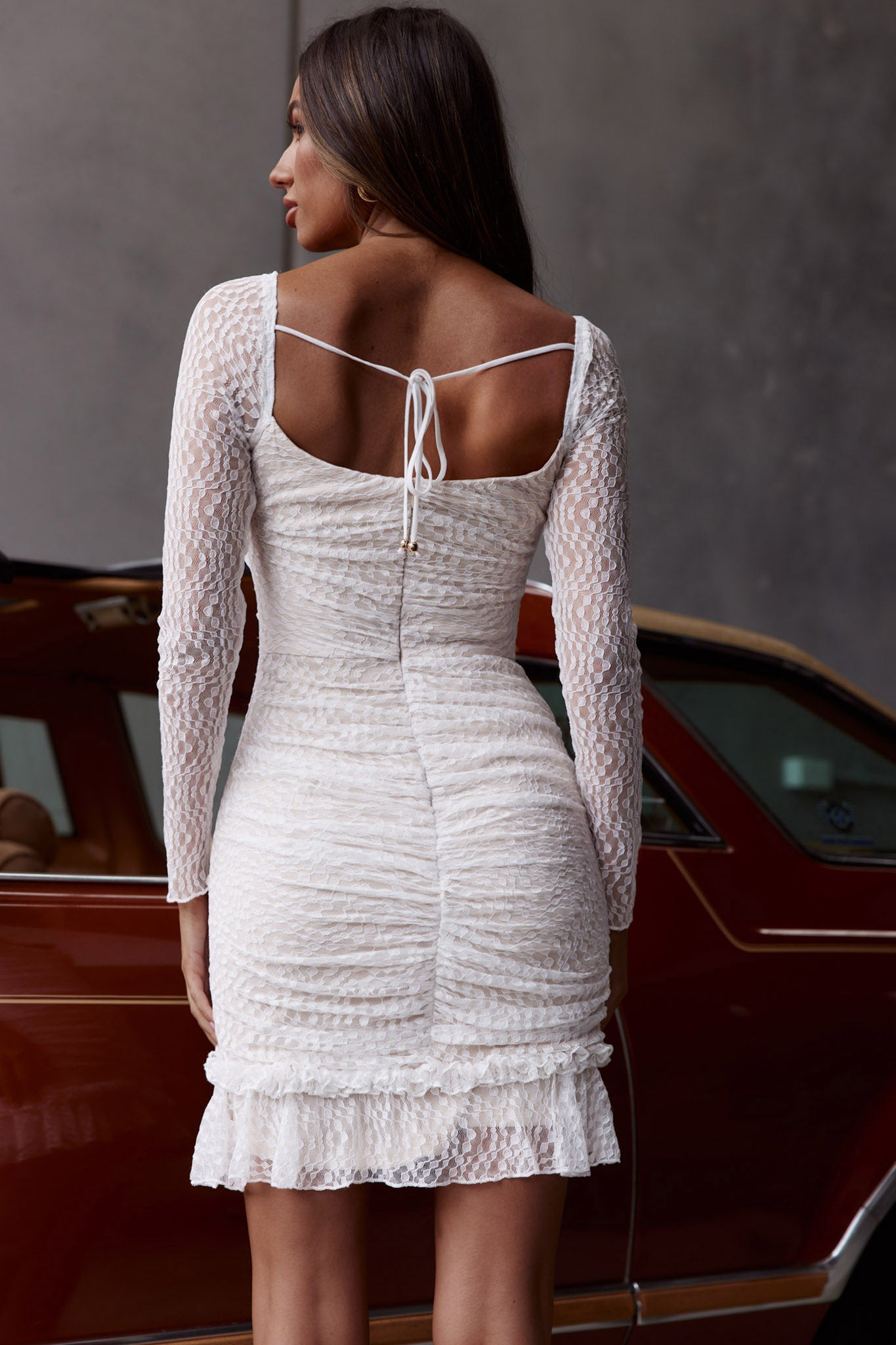 Tamara V-Neckline Ruched Long Sleeve Lace Mesh Dress White-Maymioy