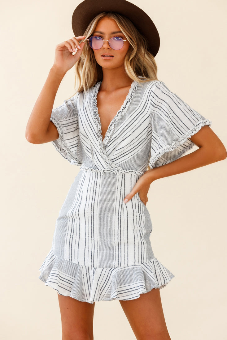 Ochre Open Back Bow Detail Dress Stripe Pattern White/Navy-Maymioy