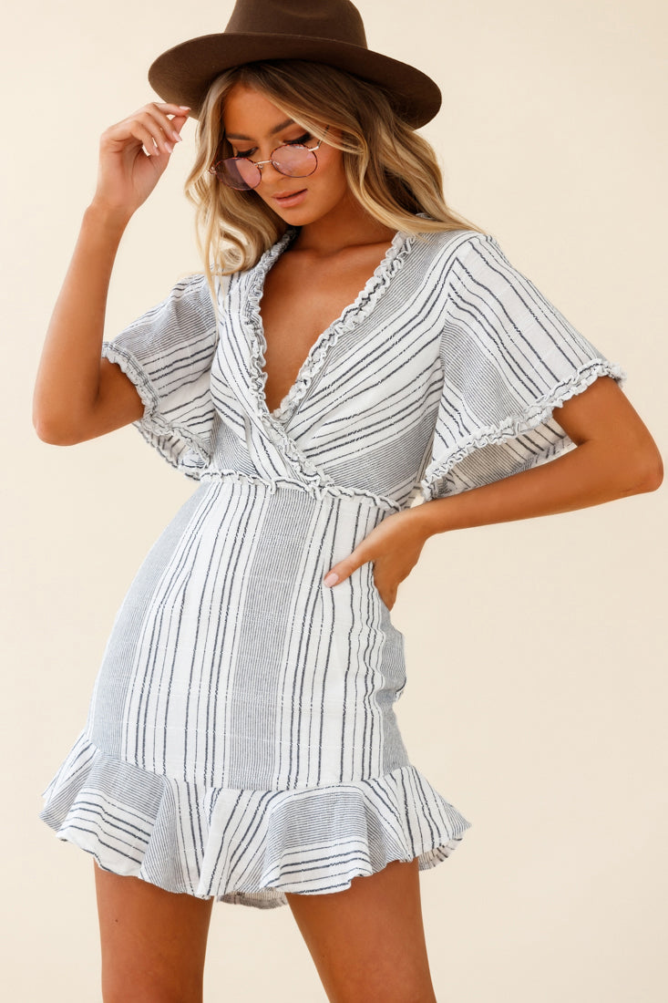 Ochre Open Back Bow Detail Dress Stripe Pattern White/Navy-Maymioy