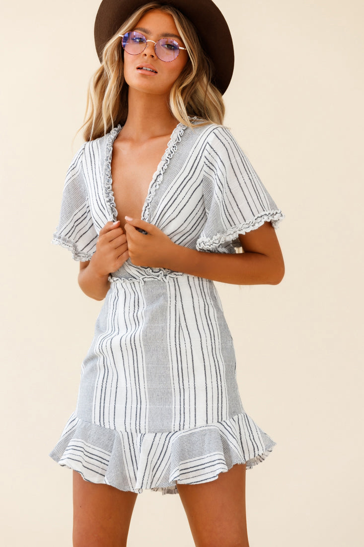 Ochre Open Back Bow Detail Dress Stripe Pattern White/Navy-Maymioy