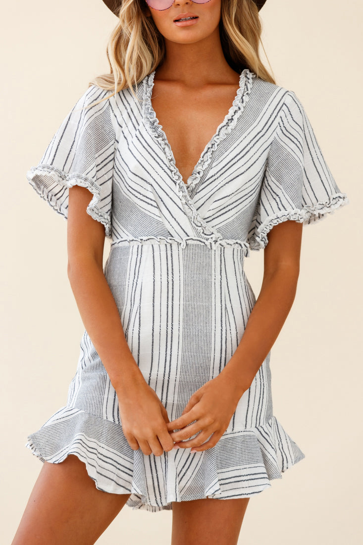 Ochre Open Back Bow Detail Dress Stripe Pattern White/Navy-Maymioy