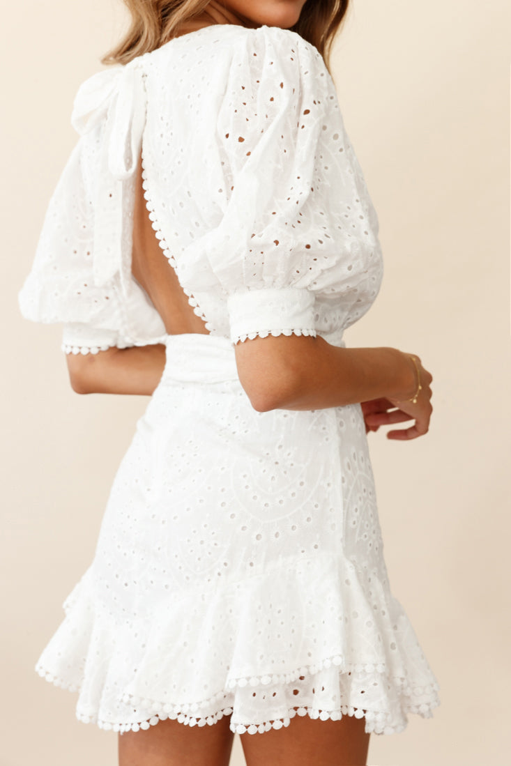Ruth Puff Sleeve Open Back Broderie Anglaise Dress White-Maymioy