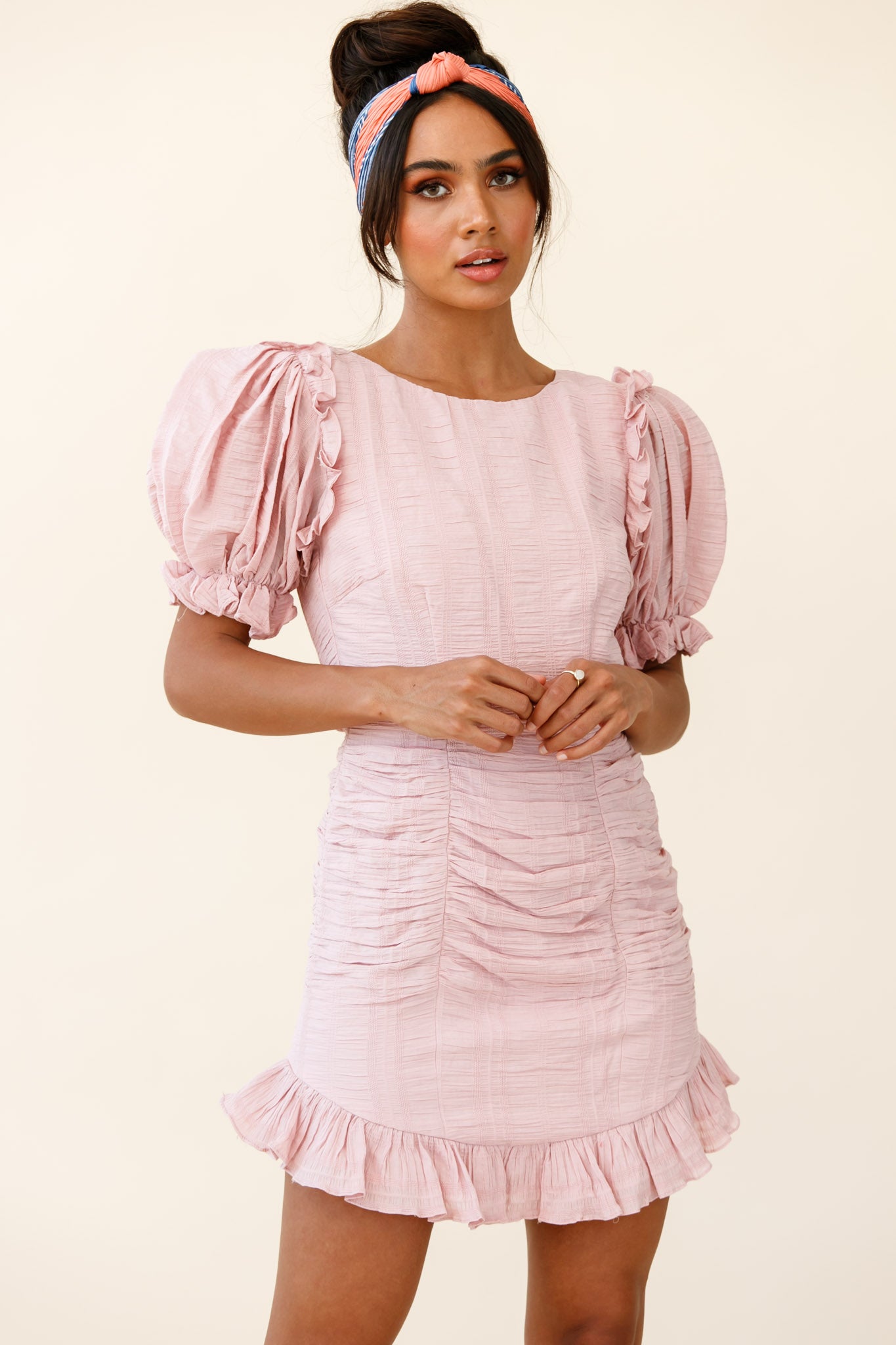 Icing On The Cake Open Back Ruched Dress Blush-Maymioy