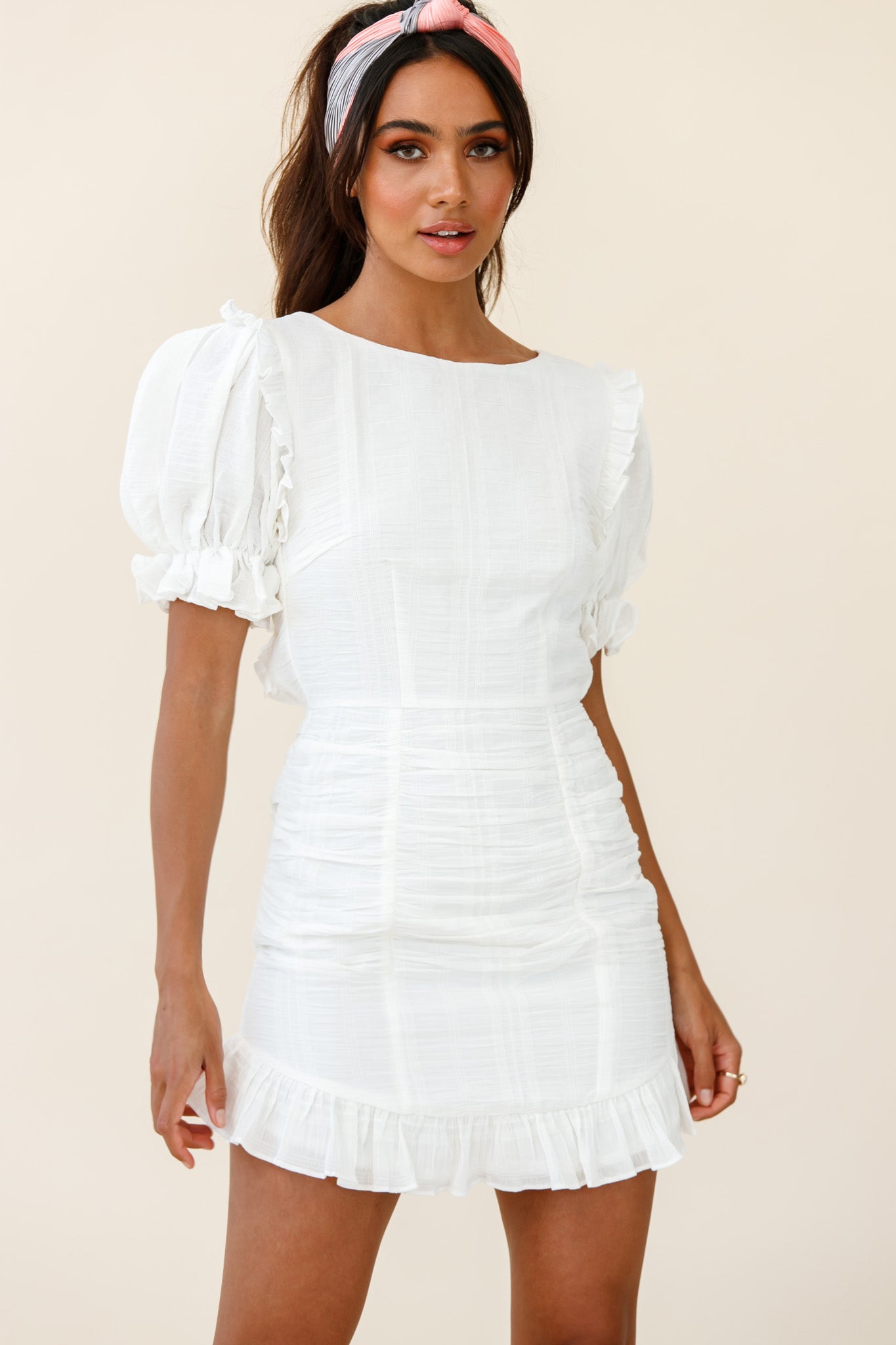 Icing On The Cake Open Back Ruched Dress White-Maymioy